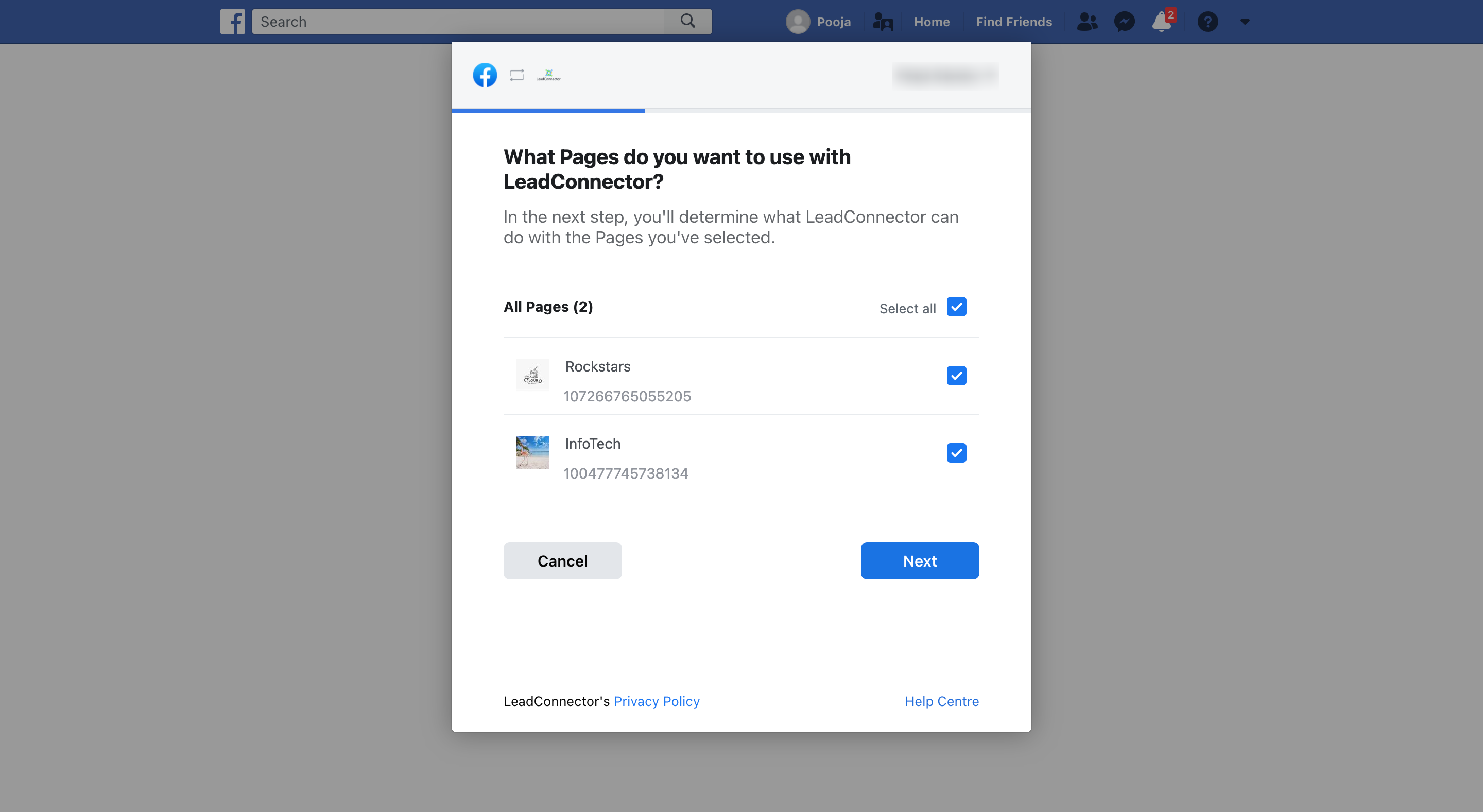 Selezione delle pagine Facebook da gestire.