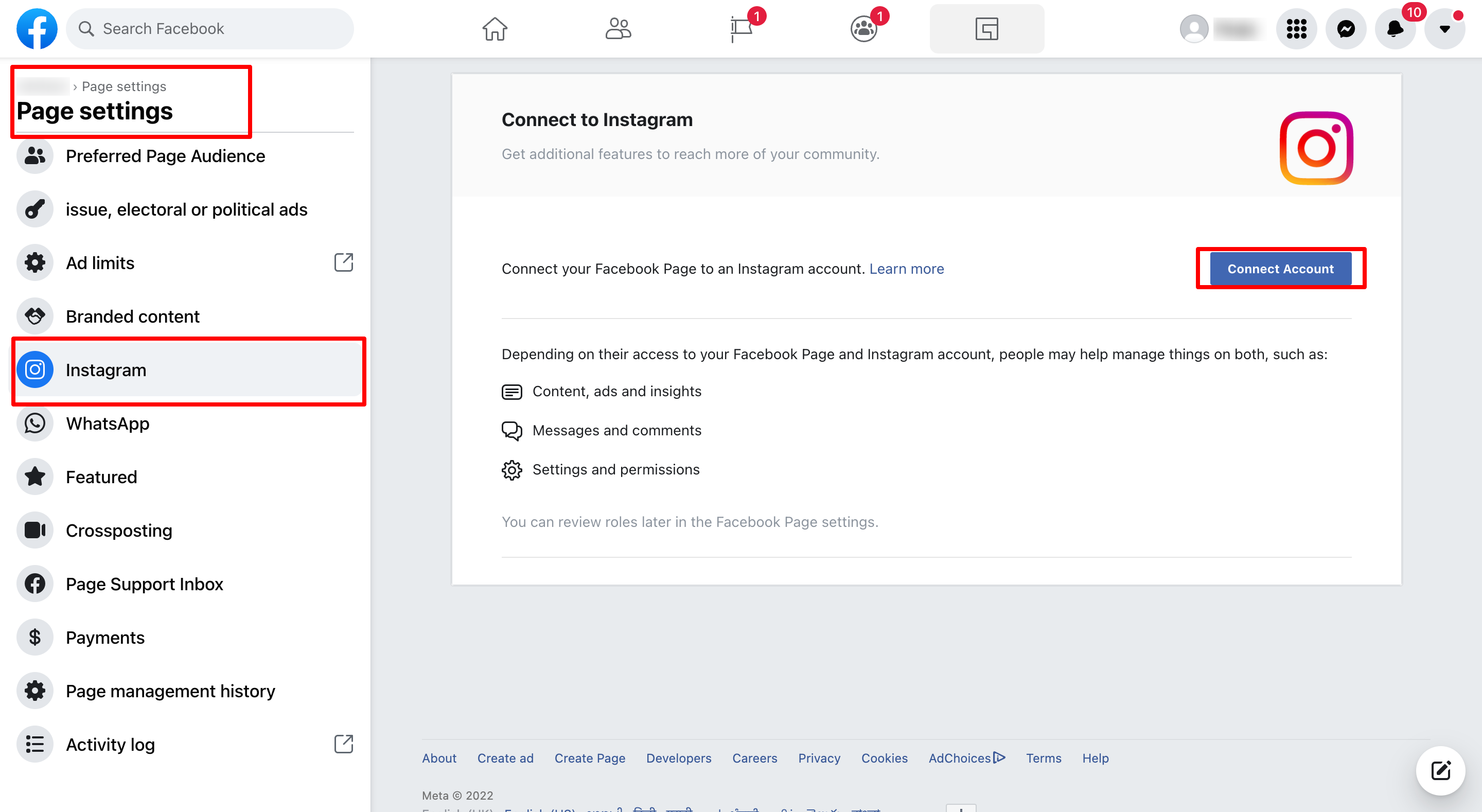 Impostazioni di Facebook per collegare l'account Instagram.
