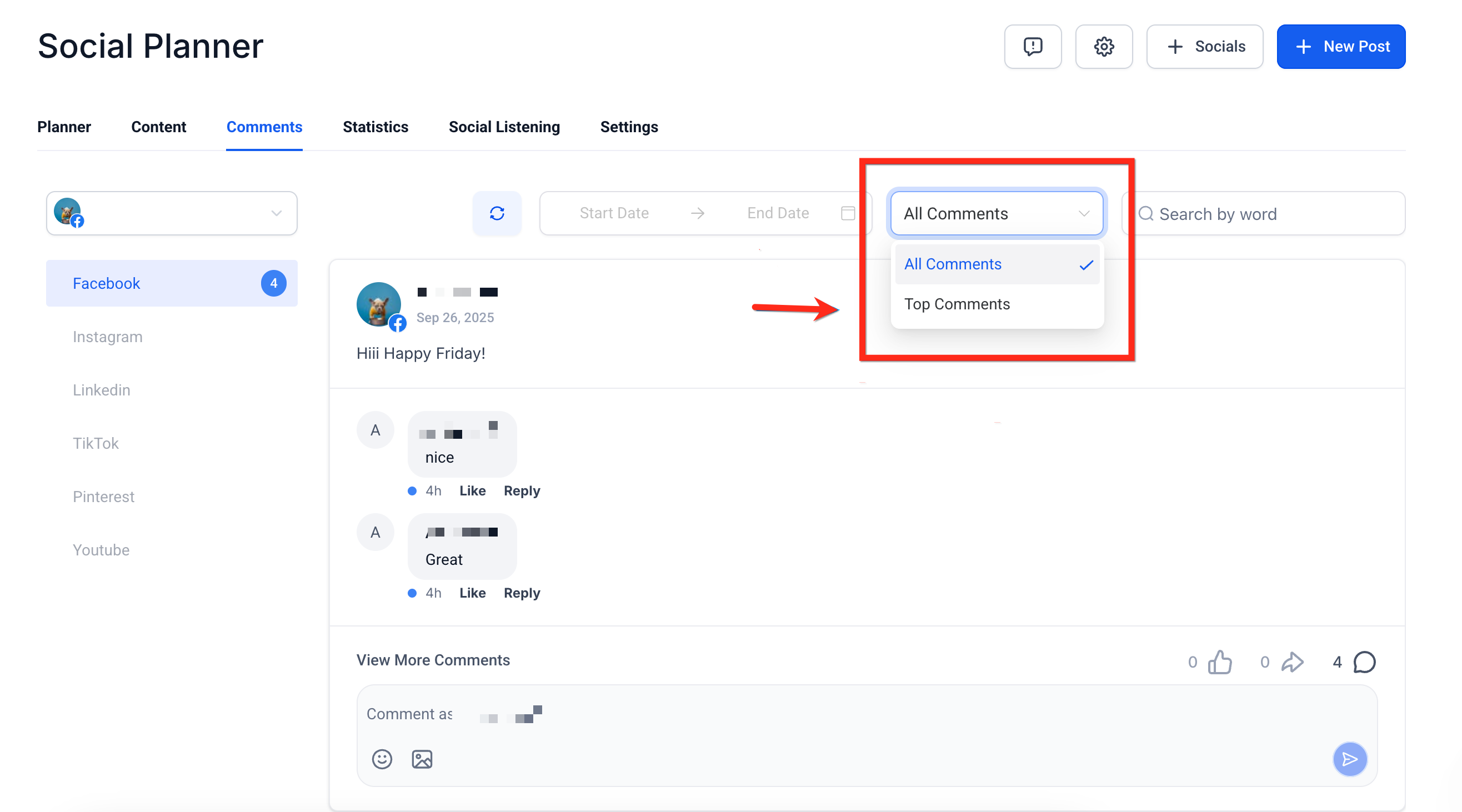 Menu a tendina per filtrare i commenti tra 'Più recenti' e 'Principali' nel Social Planner.