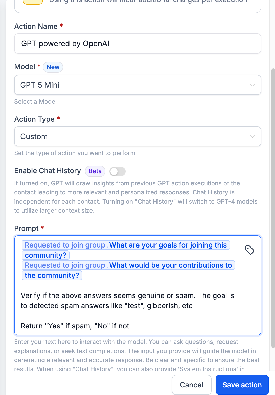 Esempio di workflow con azione GPT e condizione Se/Altrimenti per gestire le richieste di iscrizione.