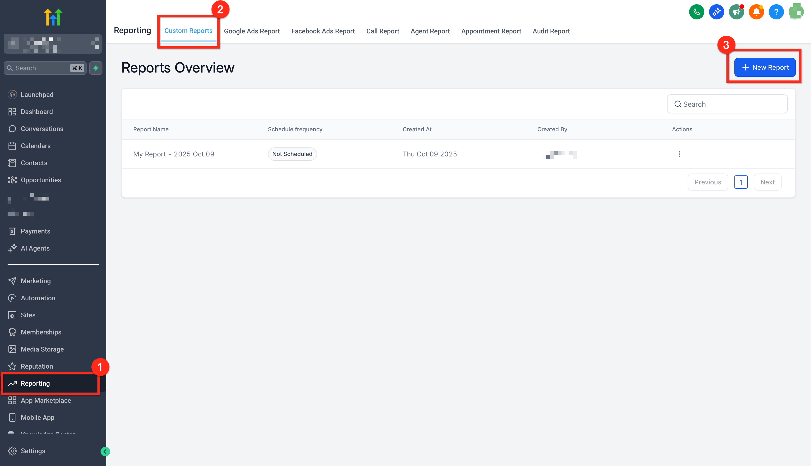 Pulsante 'Crea report' nella sezione dei report personalizzati di Futuria CRM.