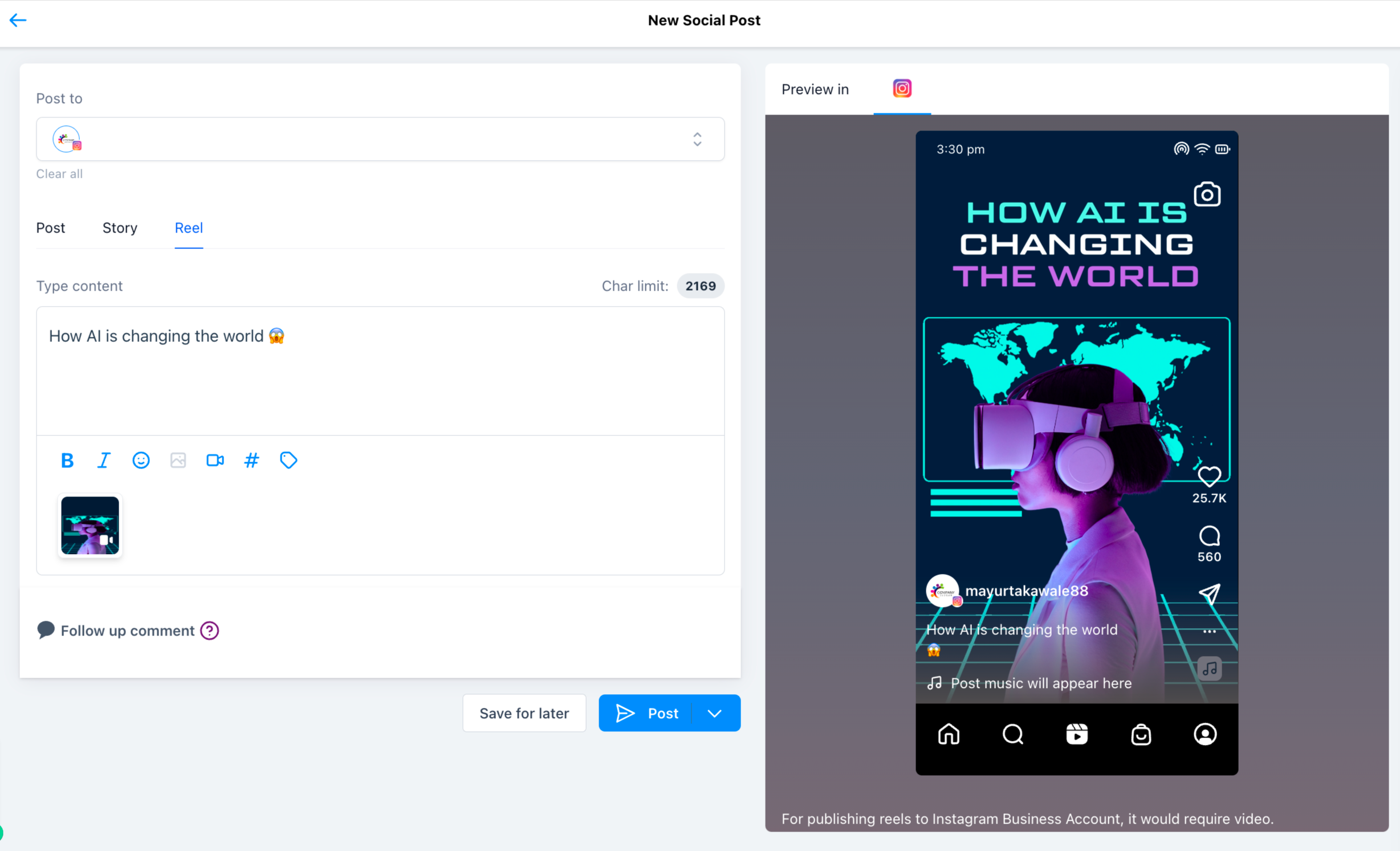 Caricamento di immagini e video per creare un Reel di Instagram