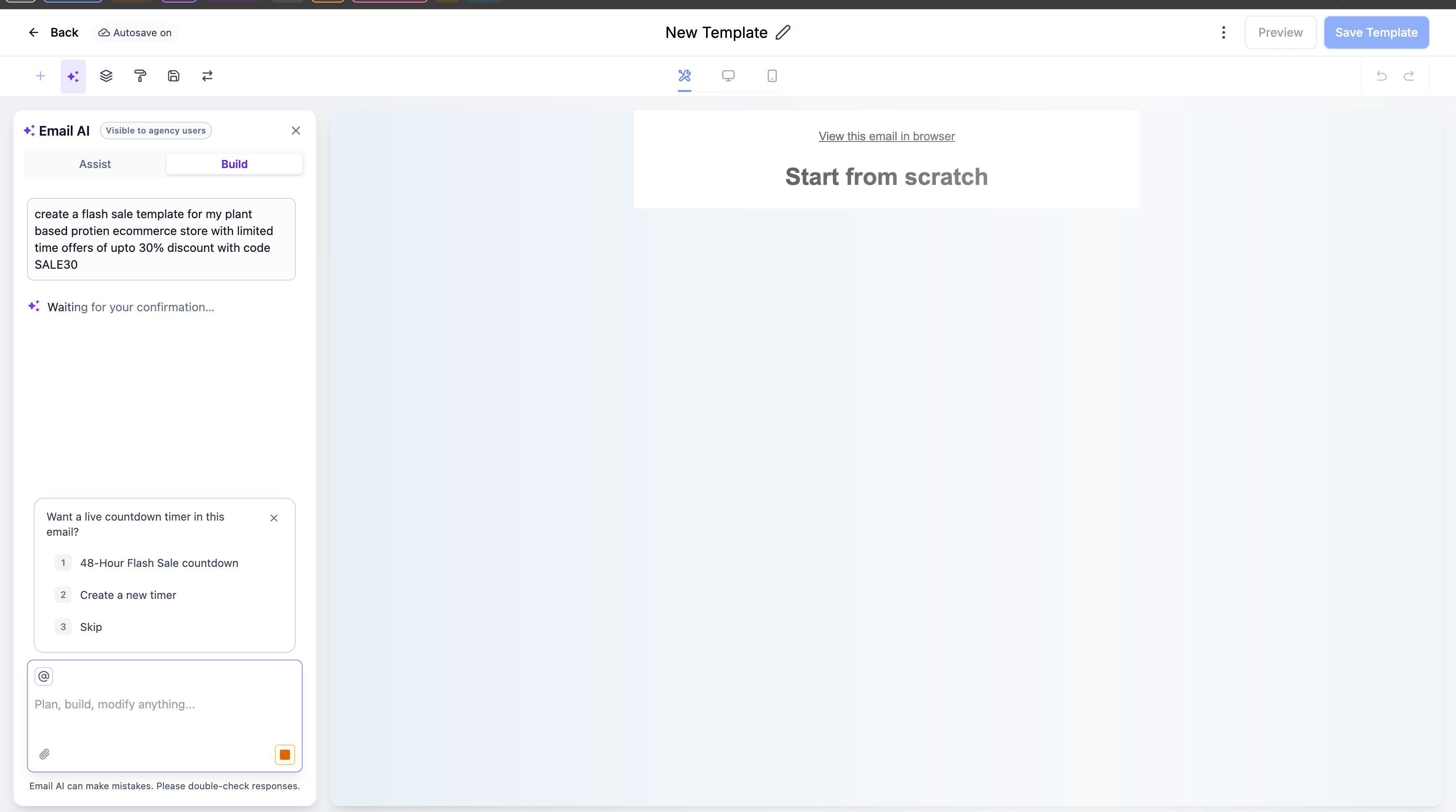 Schermata che mostra le opzioni dell'Email AI per selezionare o creare un nuovo timer di countdown.
