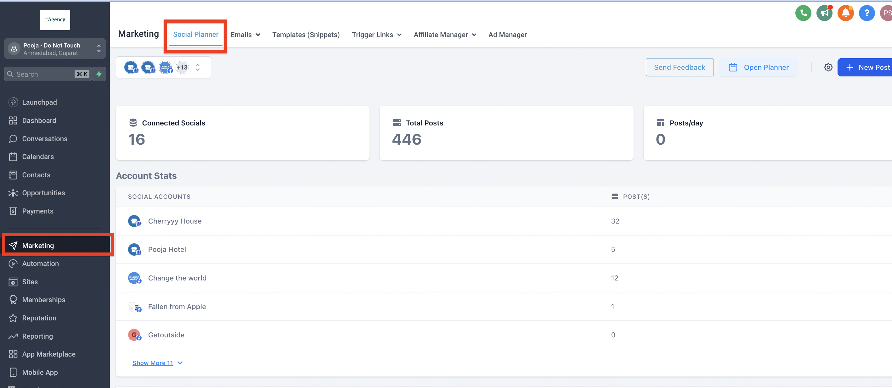 Navigazione verso il Social Planner nel menu Marketing di Futuria CRM.