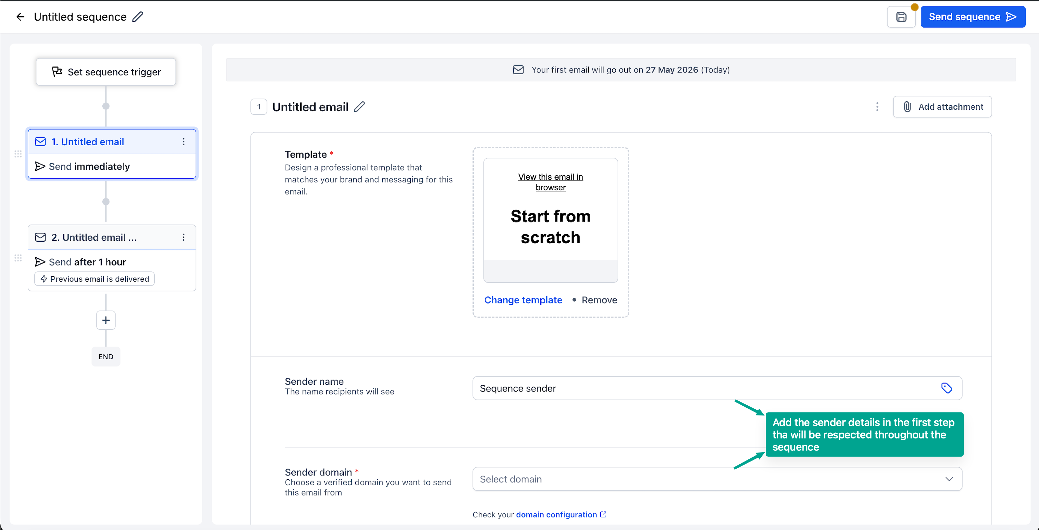 Configurazione di un passaggio email all'interno di una sequenza, con opzioni per template e condizioni.