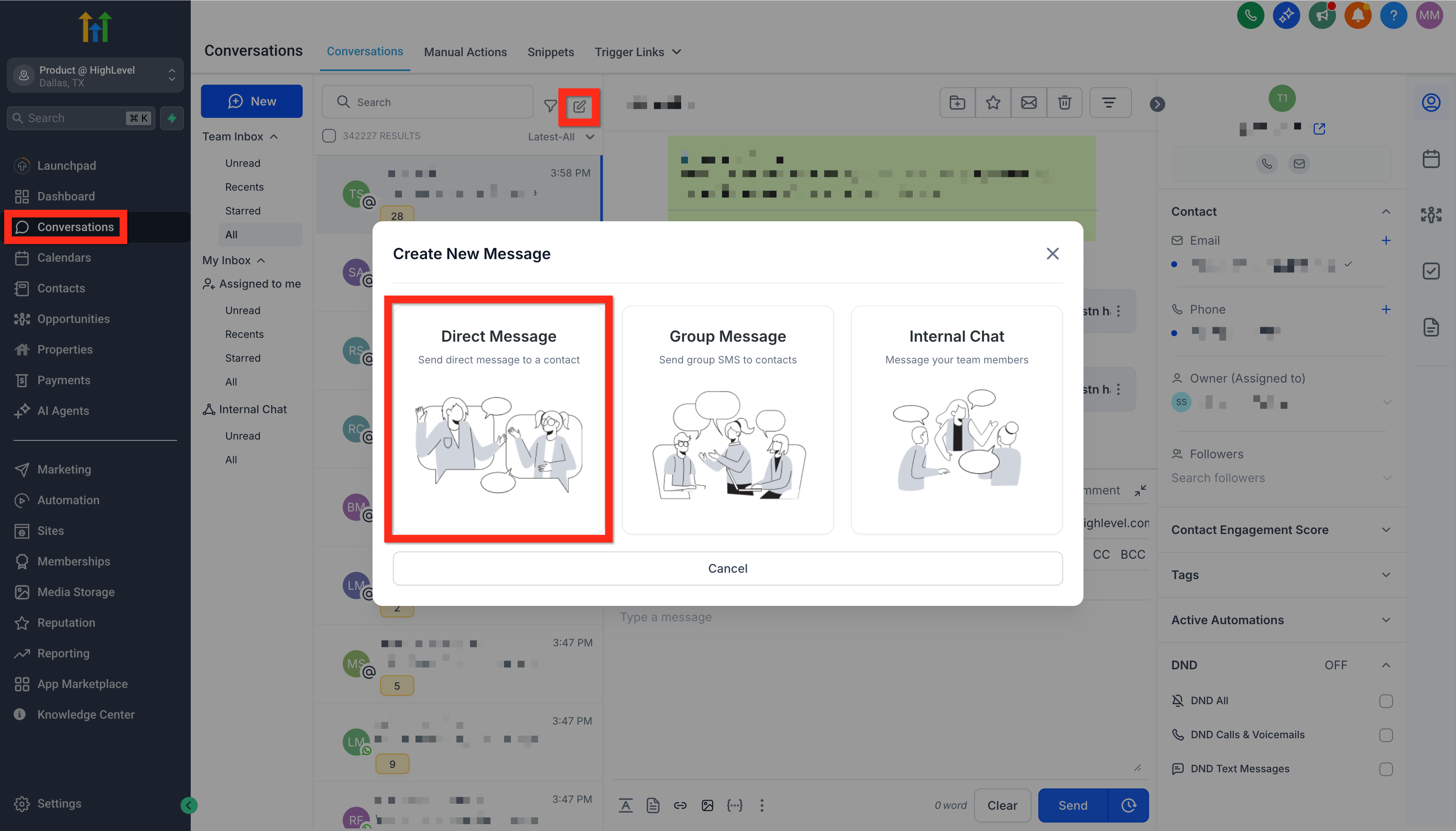 Menu a tendina nella sezione Conversazioni di Futuria CRM che mostra l'opzione Messaggio diretto.