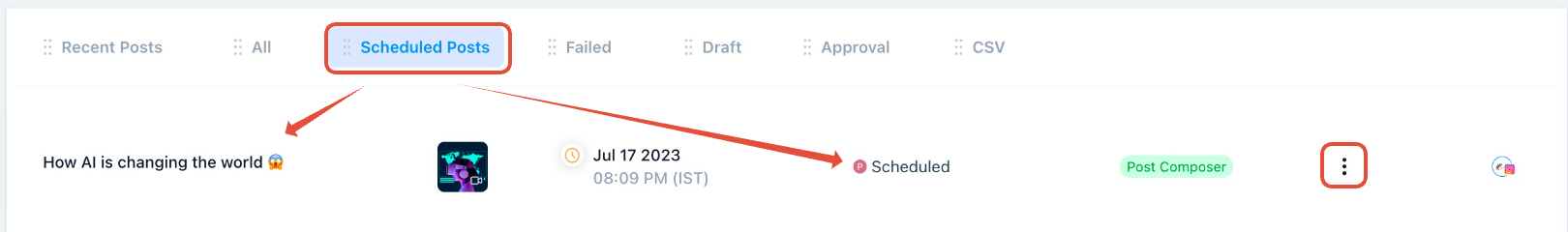 Visualizzazione di un Reel di Instagram programmato nel calendario del Social Planner