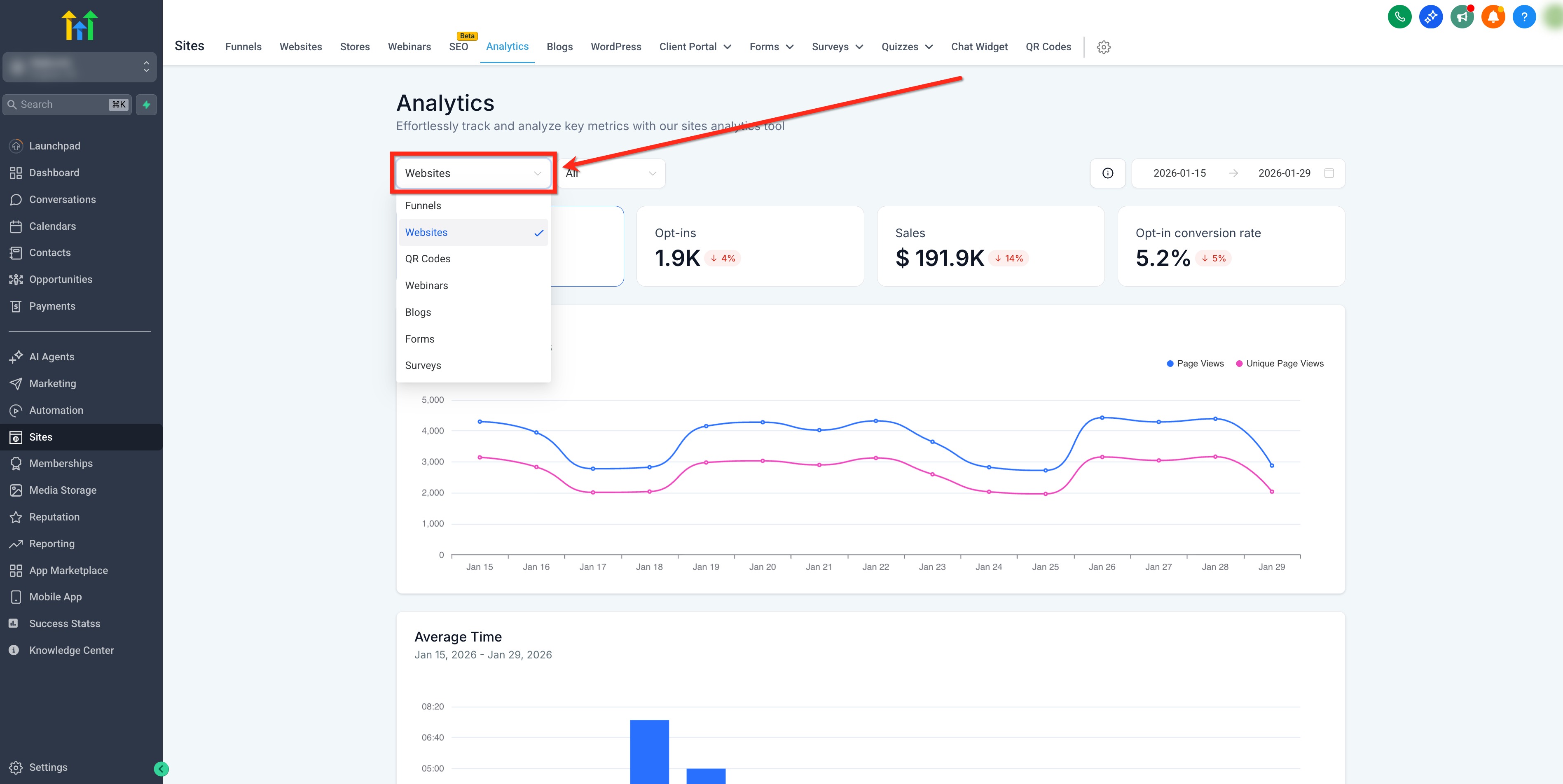 Dropdown per selezionare il tipo di risorsa da analizzare, come i funnel.