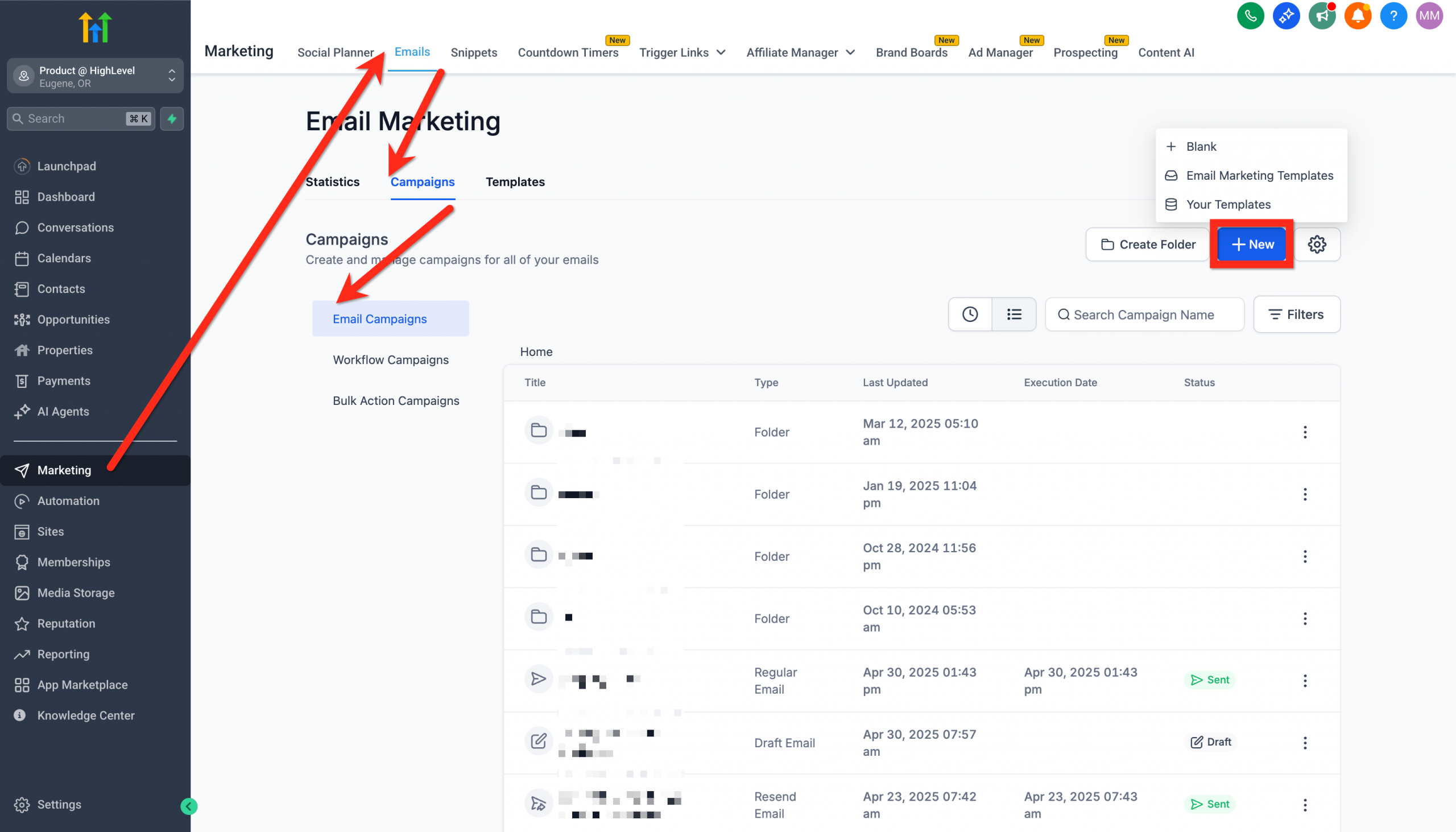 Schermata delle campagne email con il pulsante 'Nuovo' e l'opzione 'Seleziona Template'.