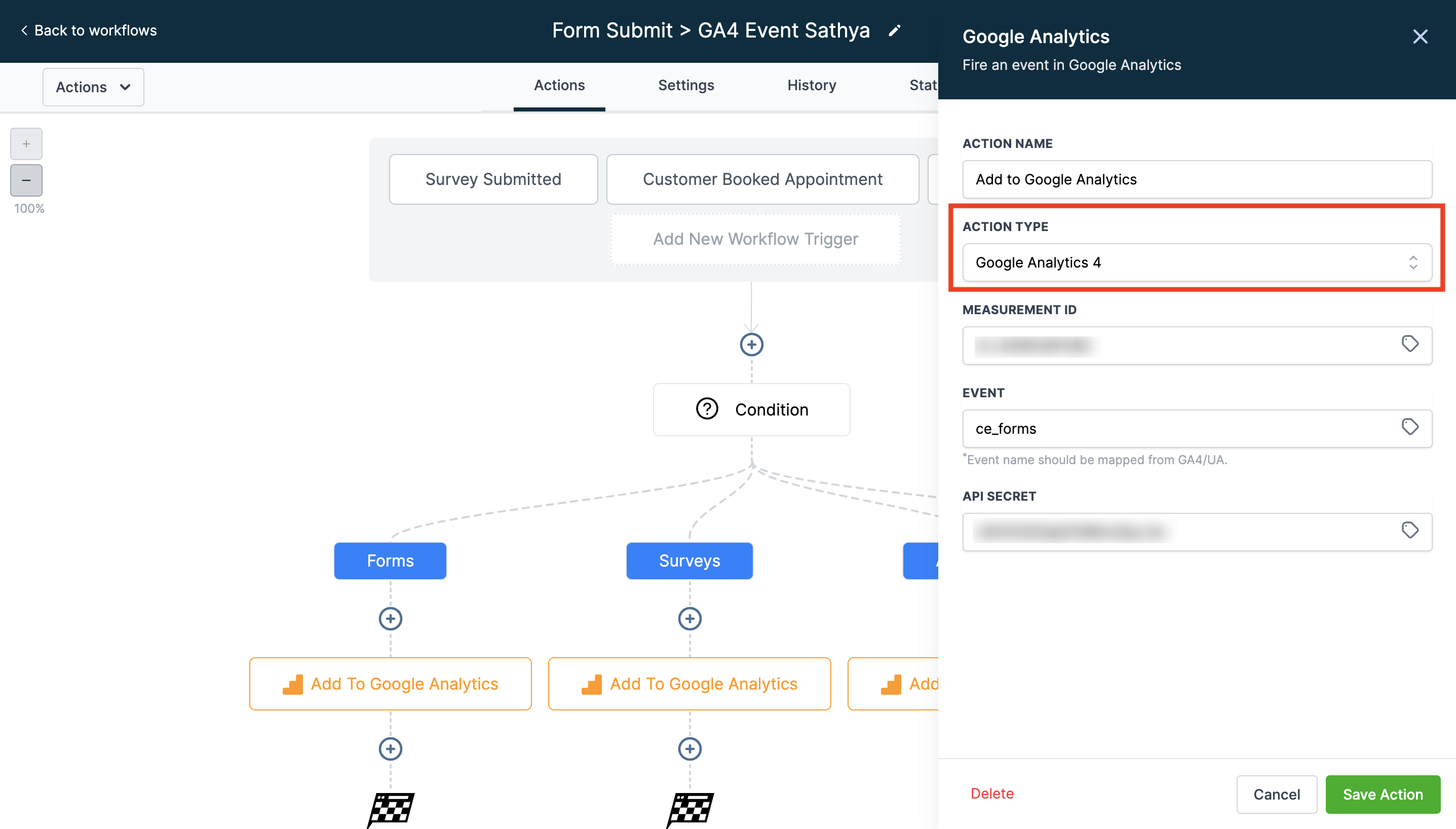 Selezione di Google Analytics 4 come tipo di azione nel workflow di Futuria CRM.
