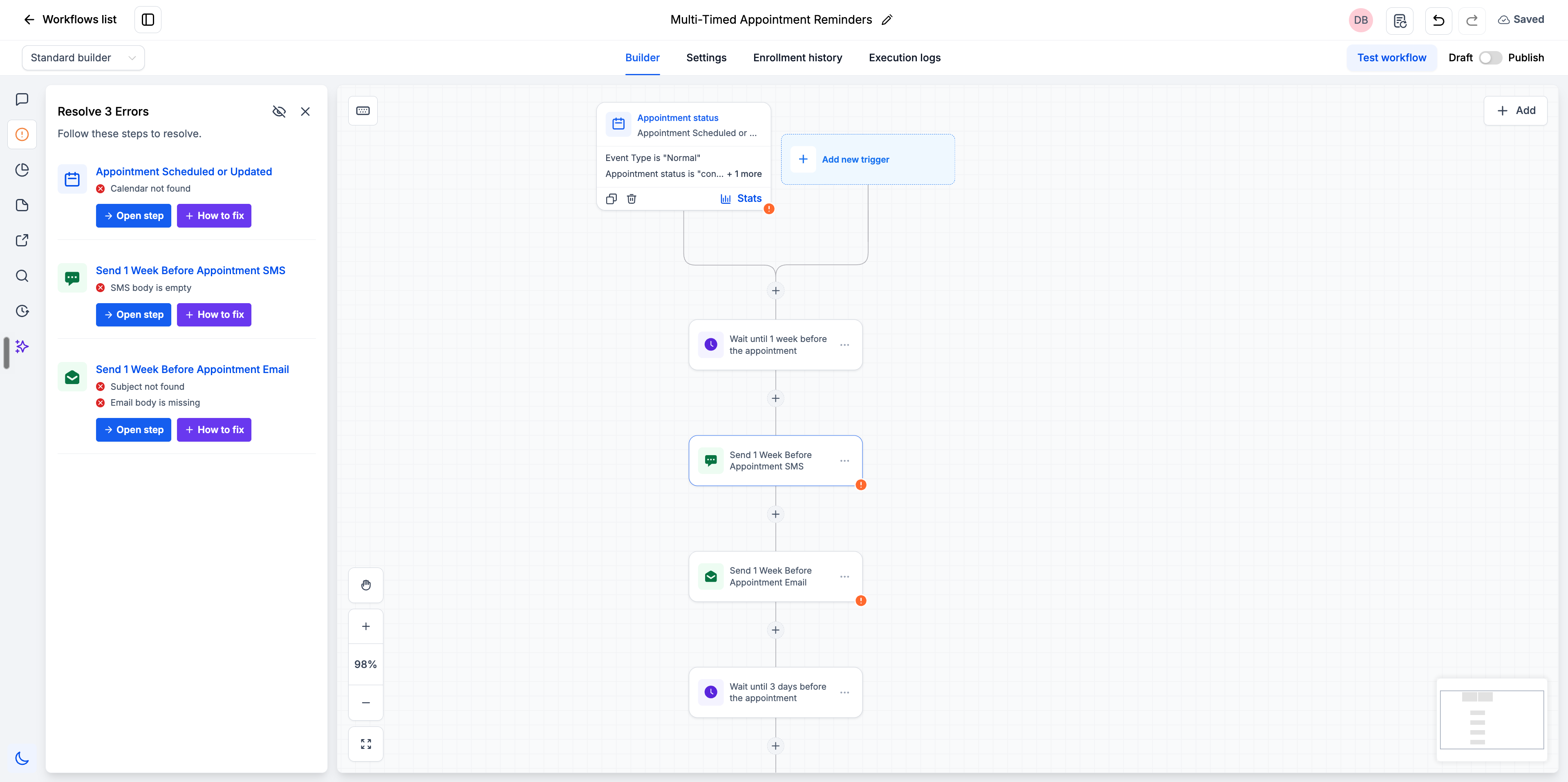 Schermata della nuova barra laterale che raggruppa tutti gli errori di configurazione di un workflow.