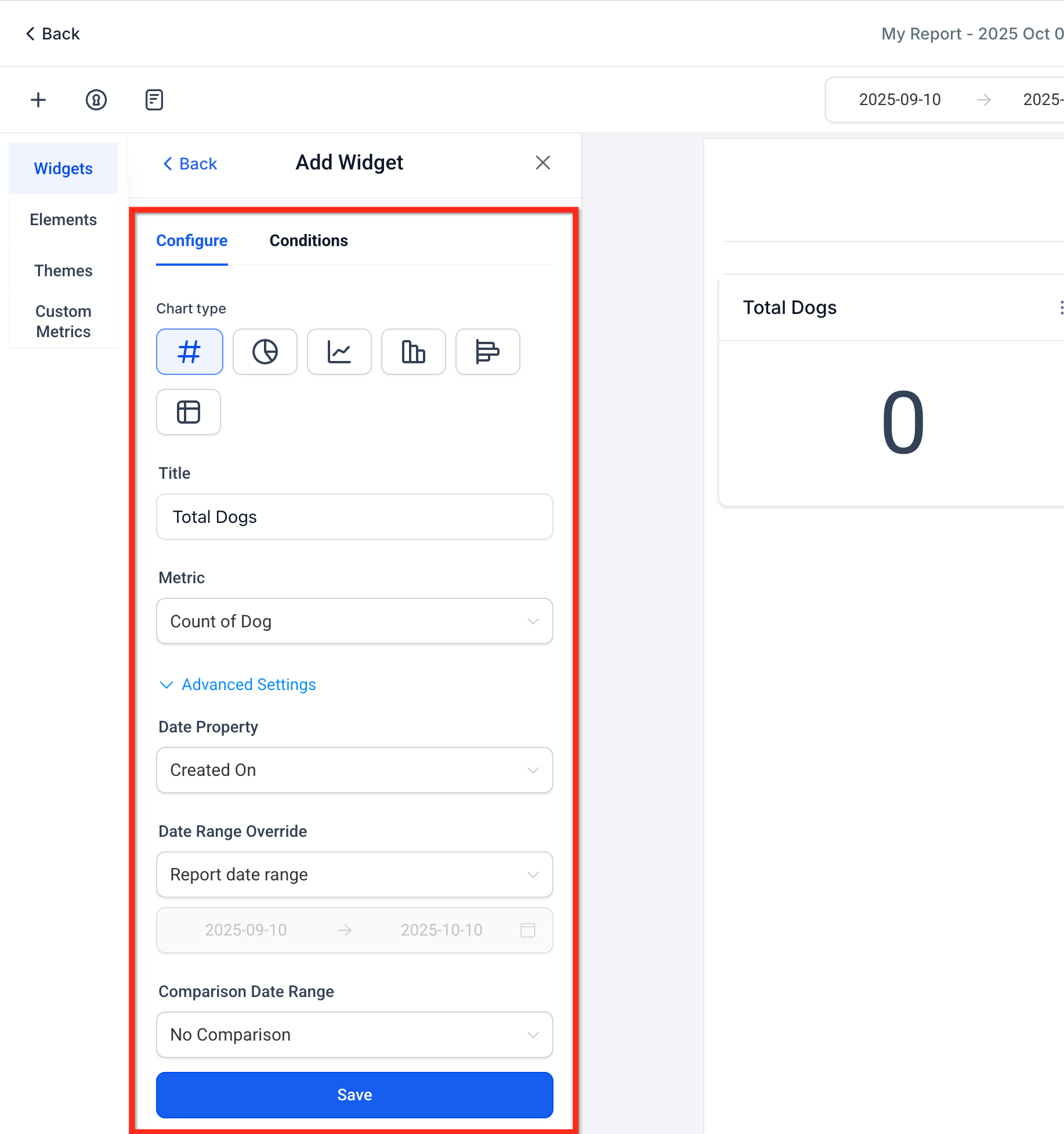 Salvataggio della configurazione del widget nel report personalizzato.