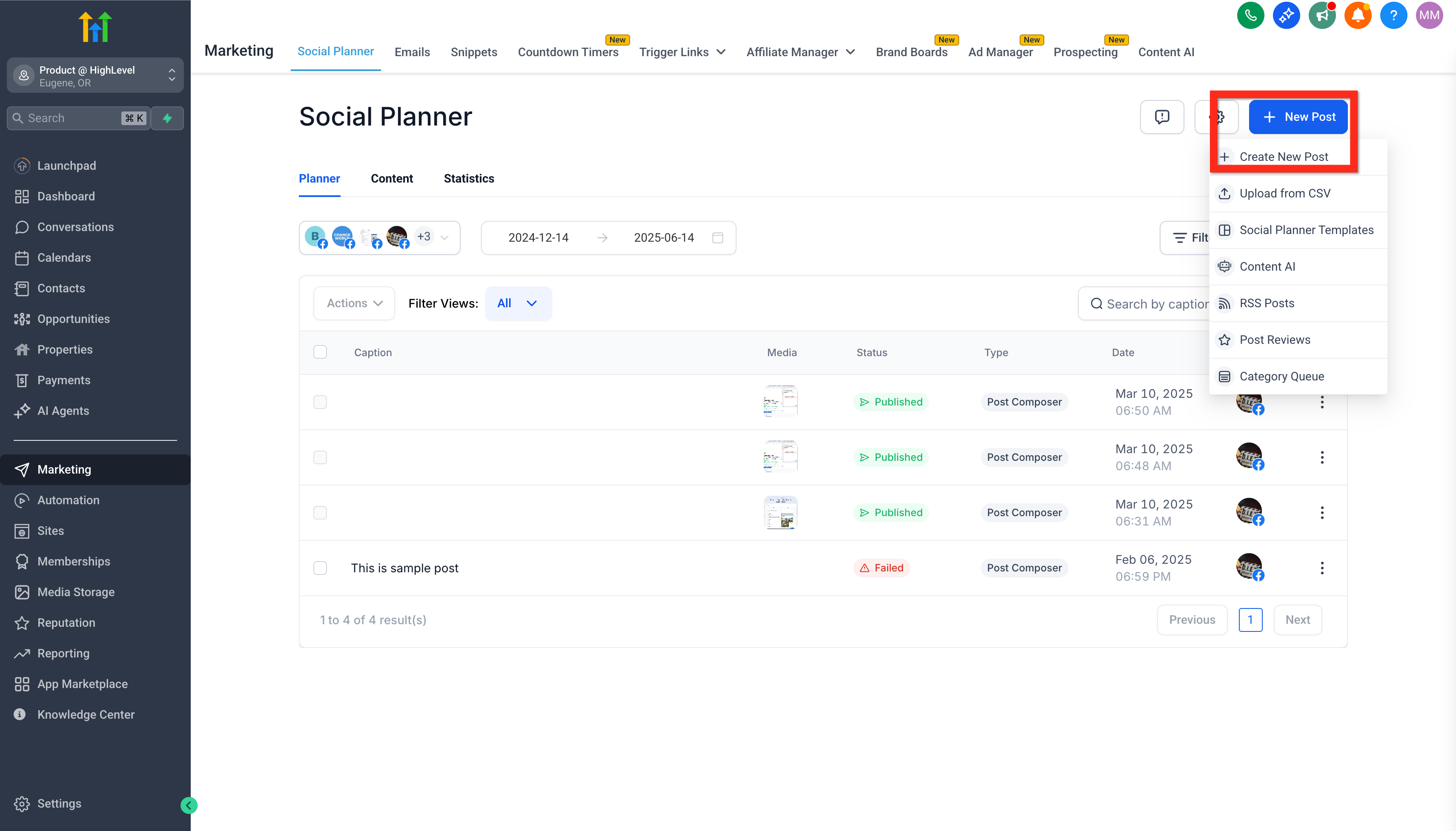 Menu per creare un nuovo post, con l'opzione 'Crea nuovo post' evidenziata.