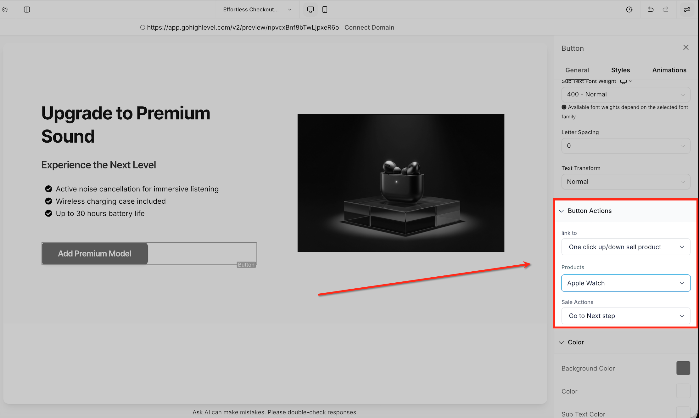 Configurazione di un pulsante per l'azione di upsell/downsell di un prodotto con un clic.