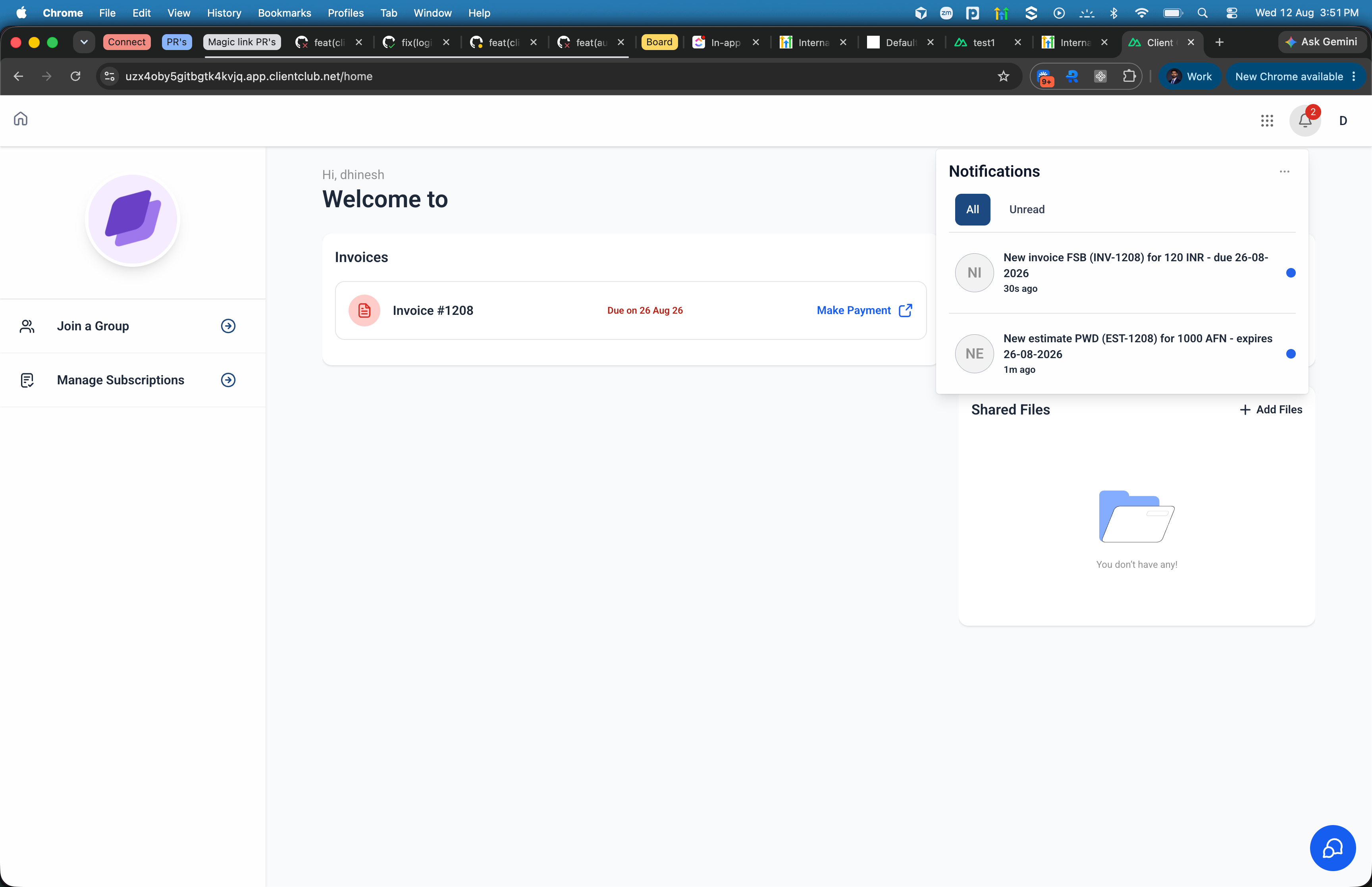 Pannello delle notifiche nel portale clienti con un avviso per una nuova fattura da visualizzare.