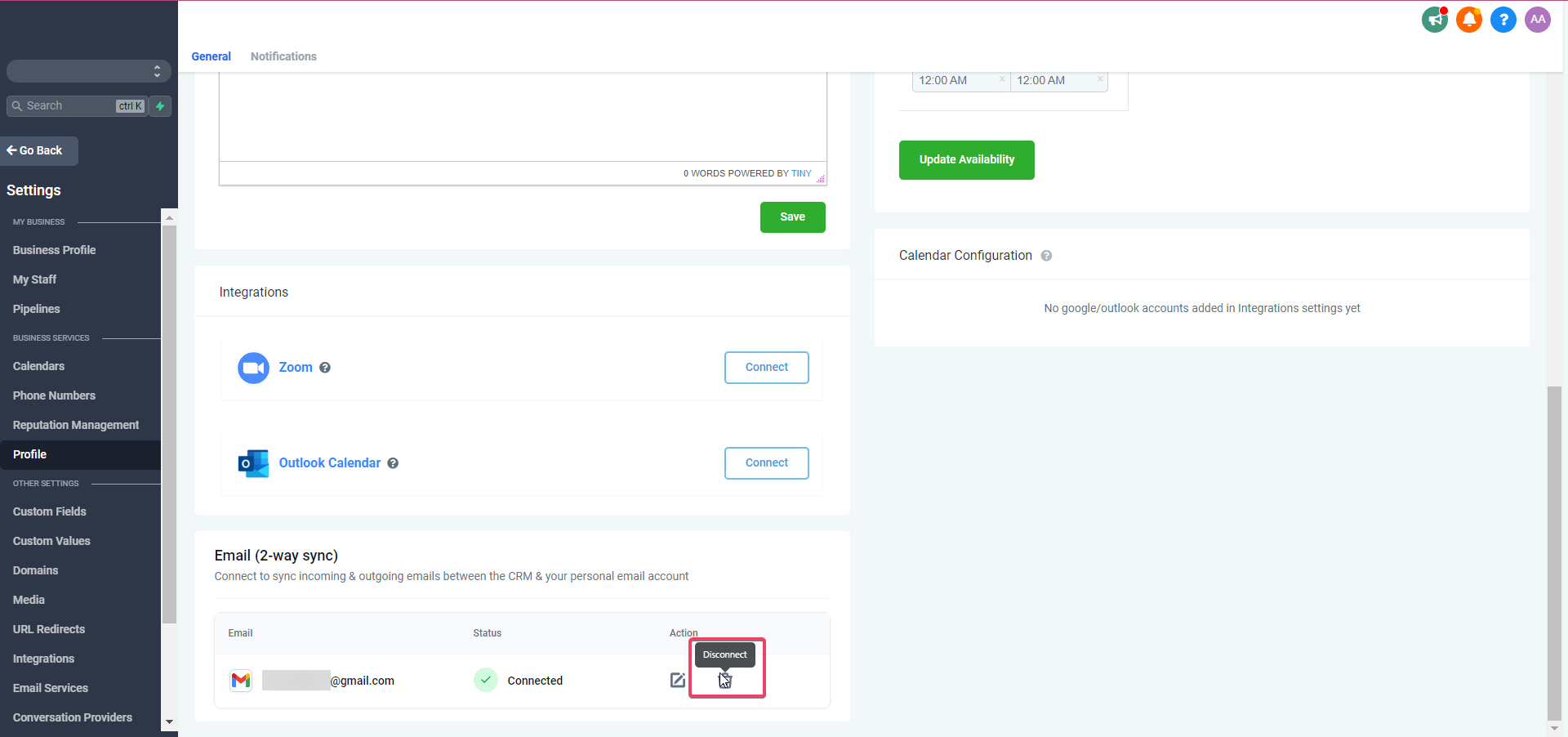 Opzione per disconnettere l'account email.