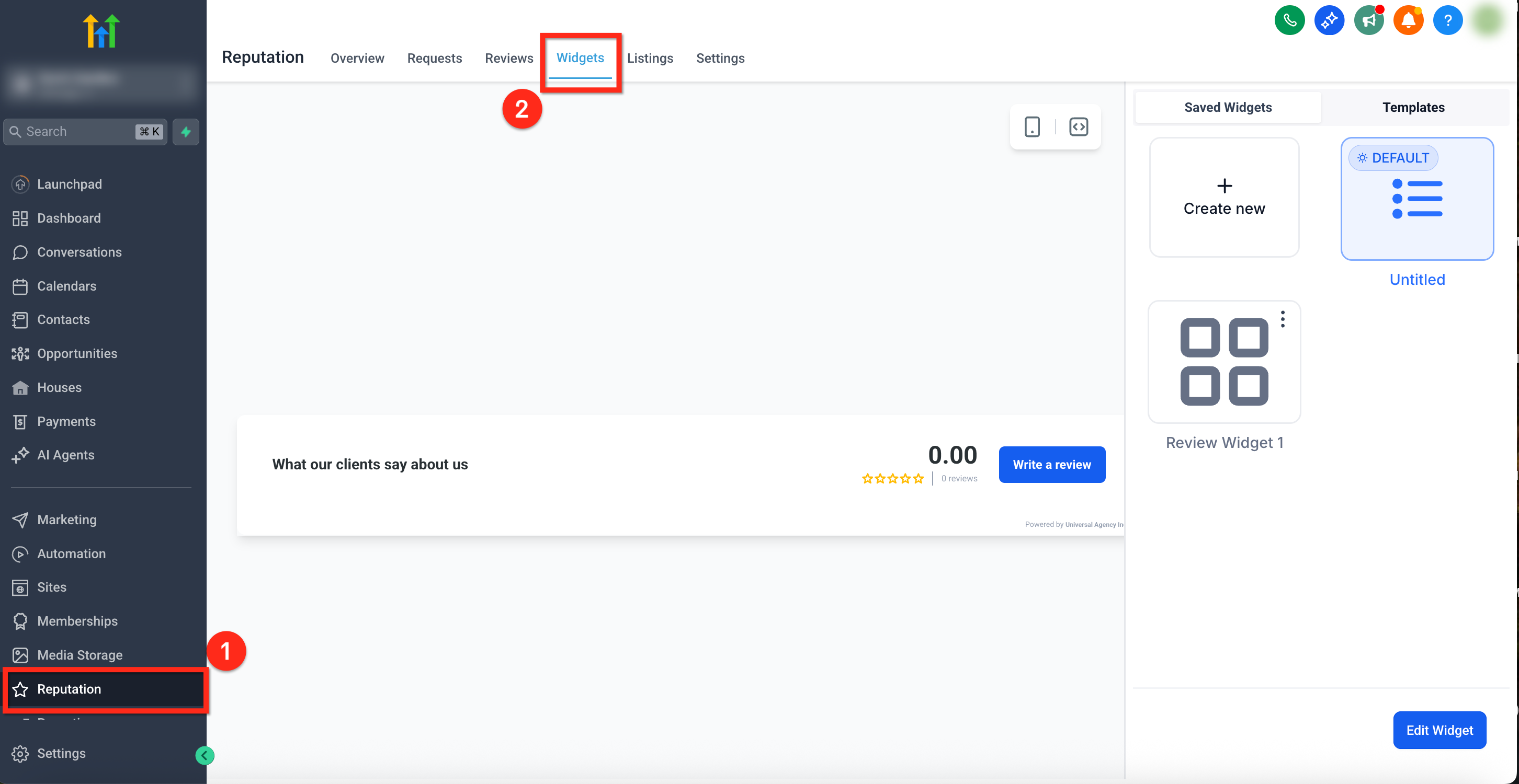 Navigazione alla sezione Widget per le recensioni in Futuria CRM.