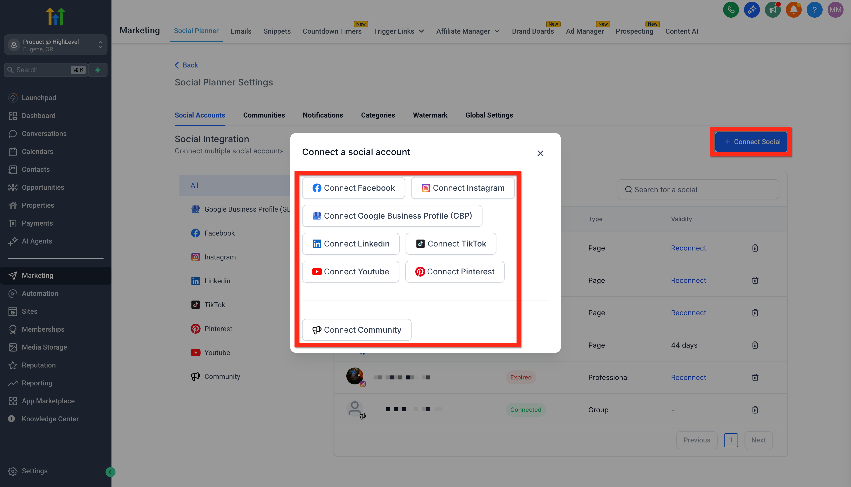 Impostazioni del Social Planner per connettere altri account social.