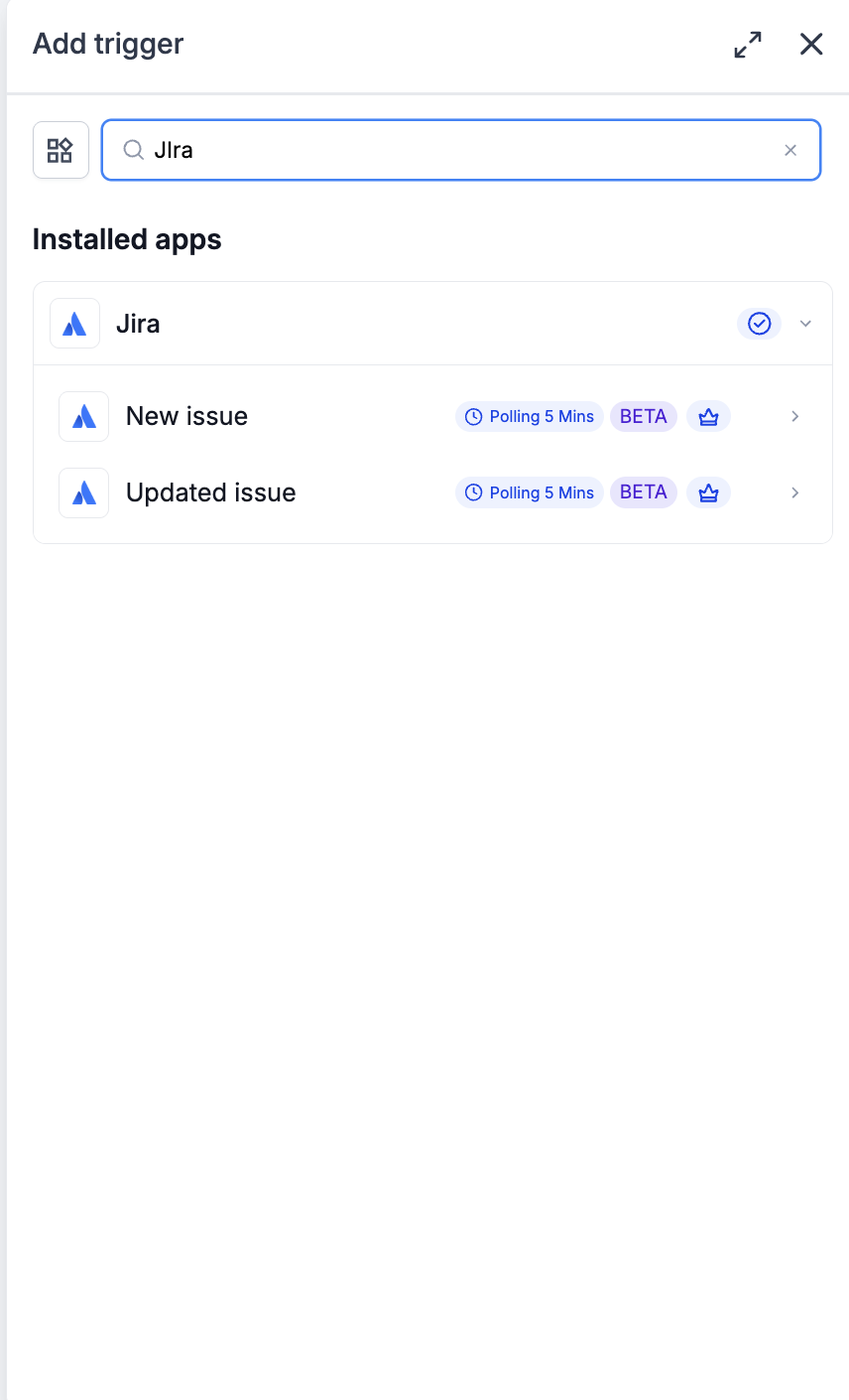 Elenco dei trigger e delle azioni Jira disponibili nei workflow di Futuria CRM.