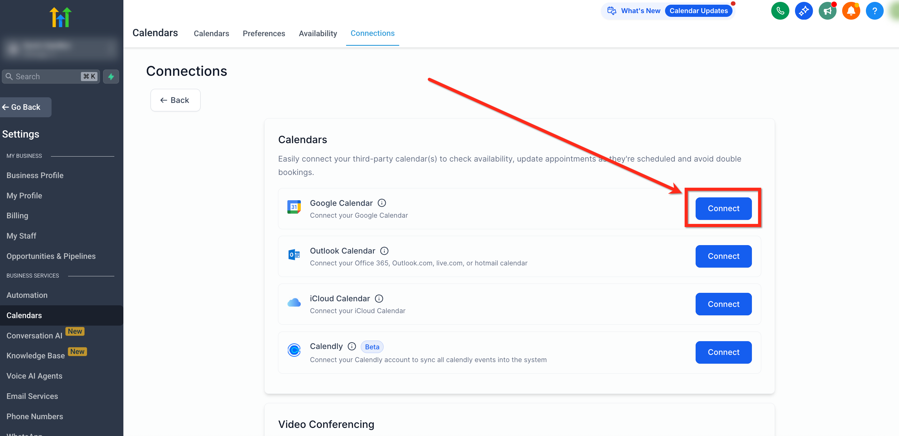 Opzione per connettere Google Calendar nelle integrazioni.