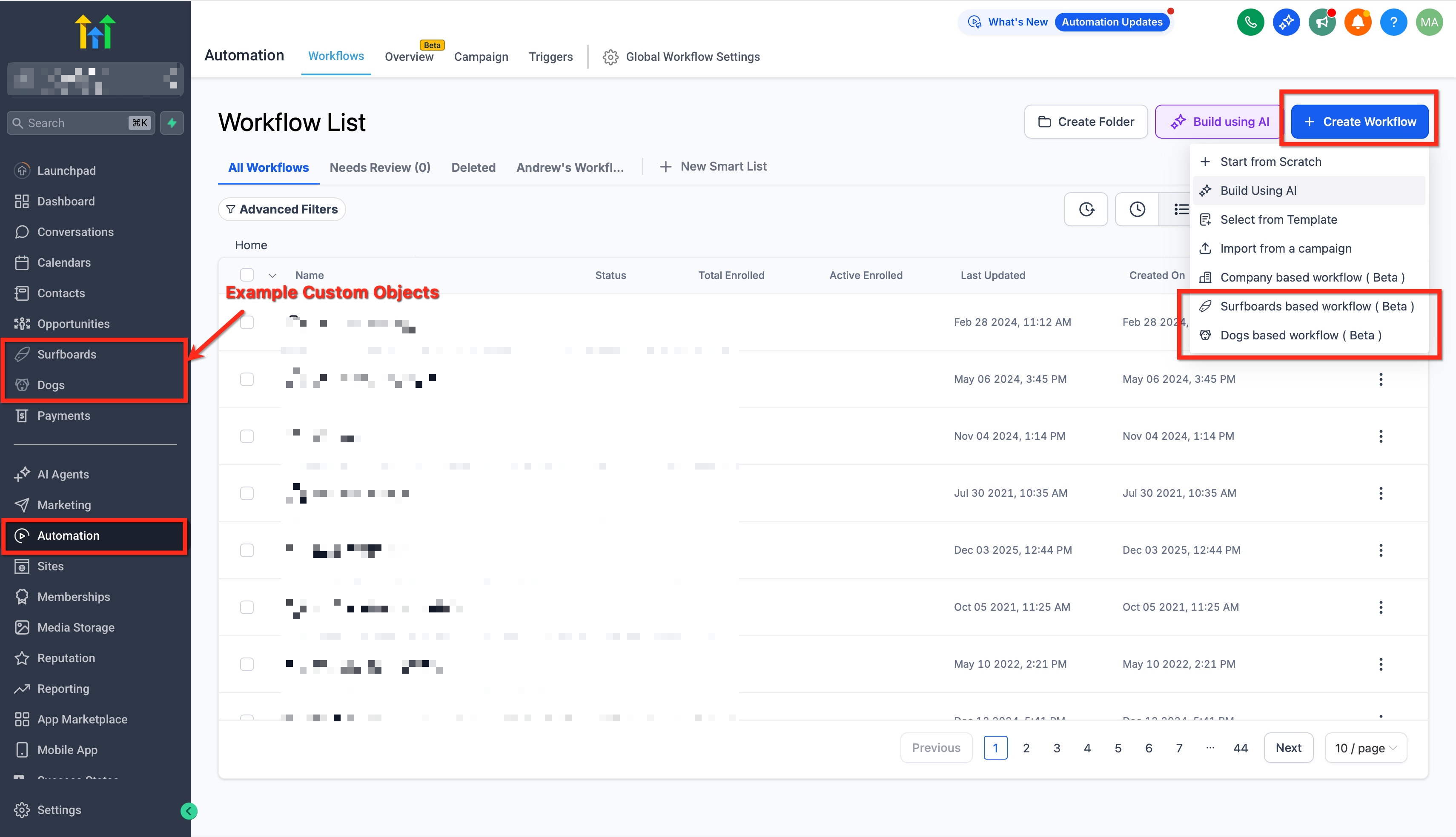 Selezione di un workflow basato su un oggetto personalizzato come Casa, Veicolo o Polizza.