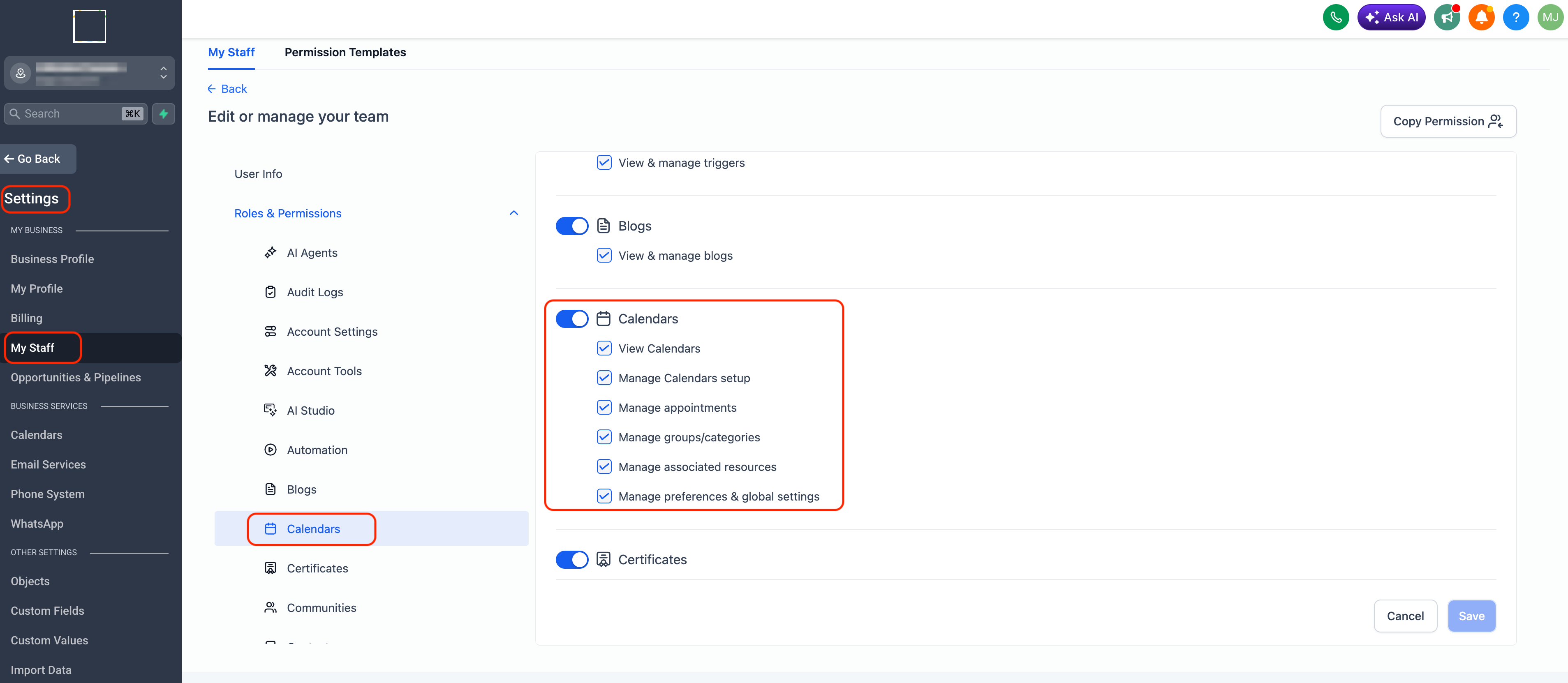 Dettaglio dei permessi granulari per la gestione di calendari, appuntamenti e risorse in Futuria CRM.