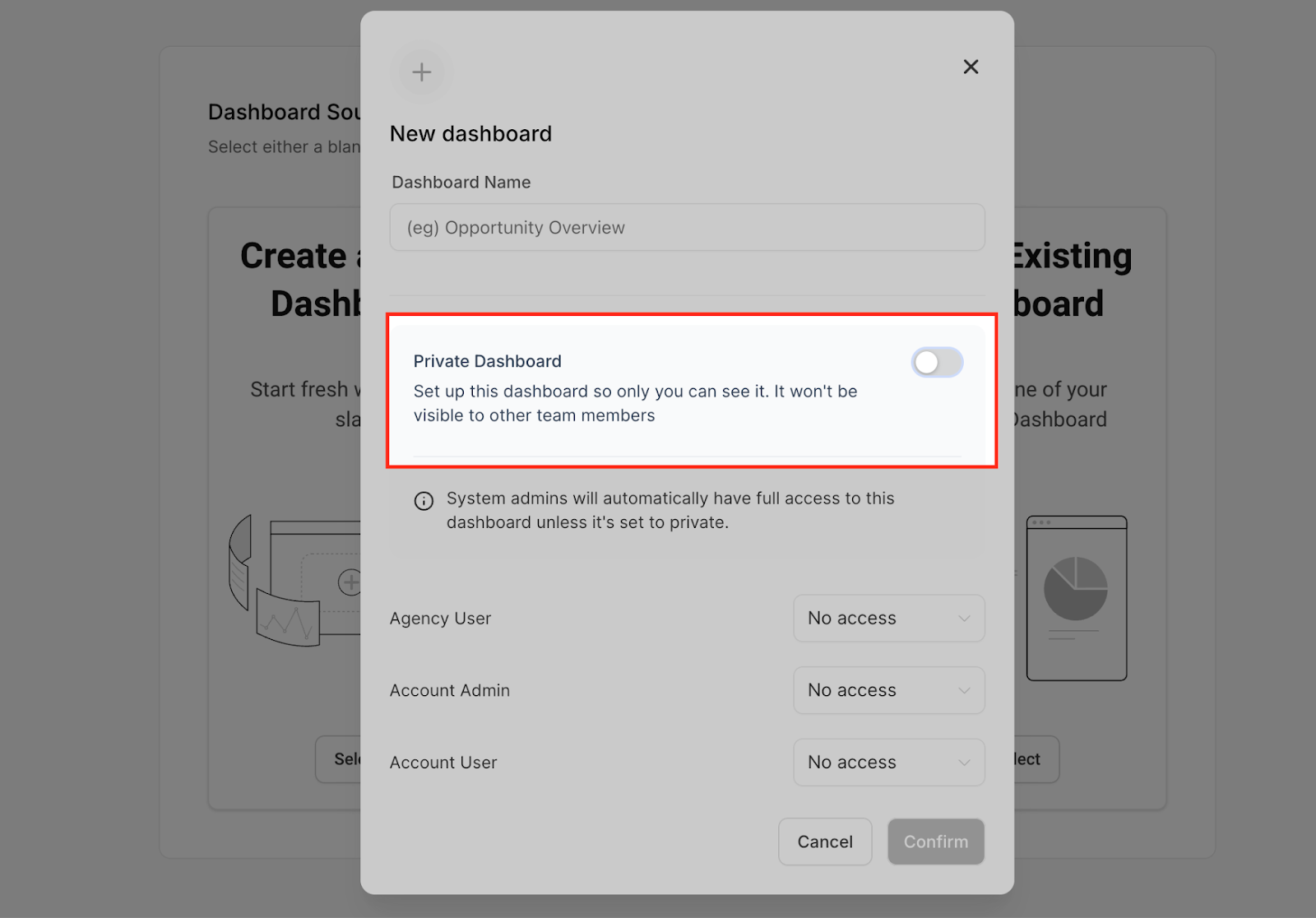 Opzioni di privacy per una nuova dashboard: Privata o Per tutti.