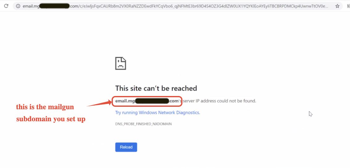 Schema che illustra il funzionamento del reindirizzamento dei link email tramite un dominio di tracciamento.
