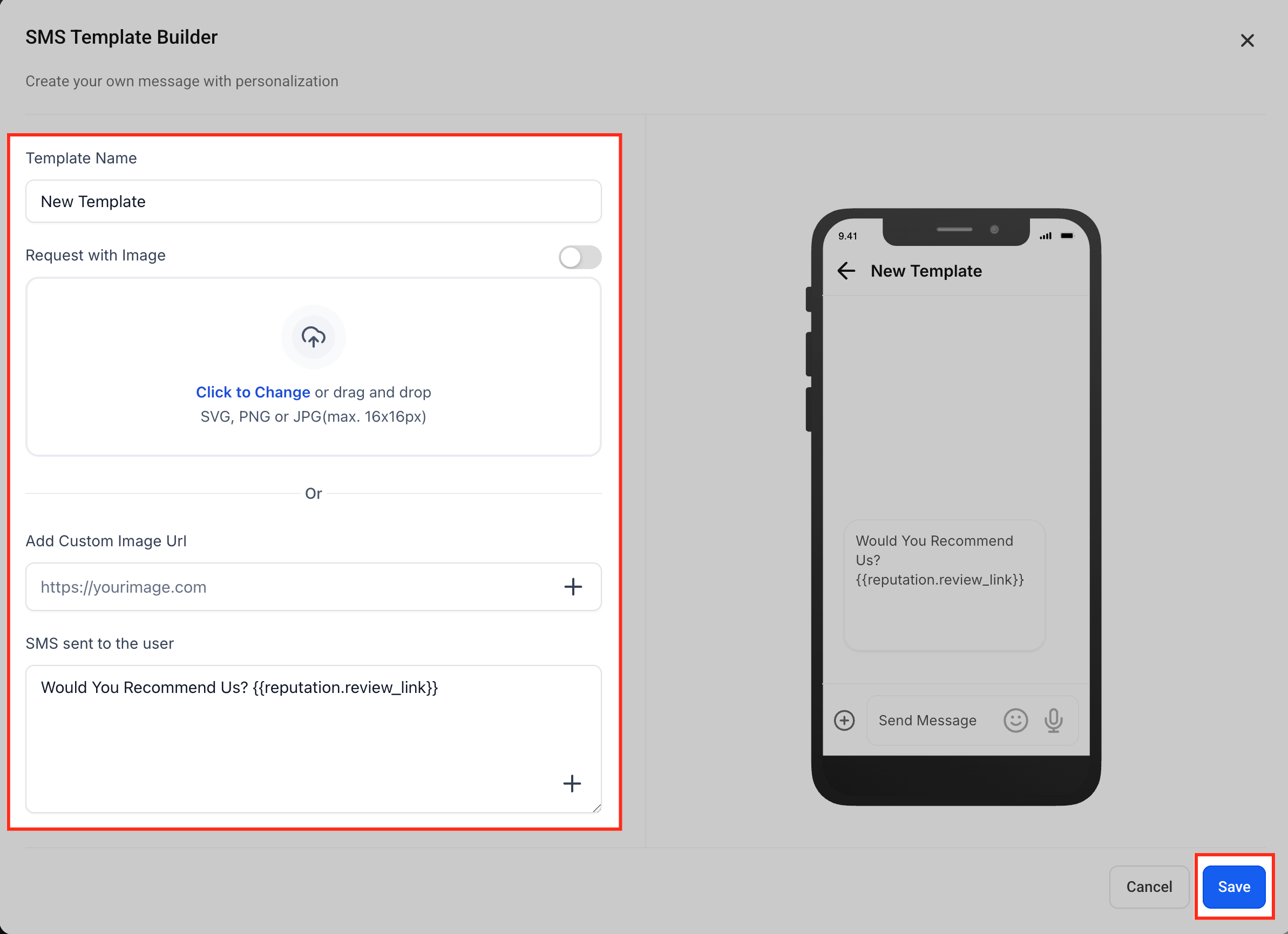 Passo 6: Personalizzazione del modello SMS con nome, immagine e testo del messaggio.