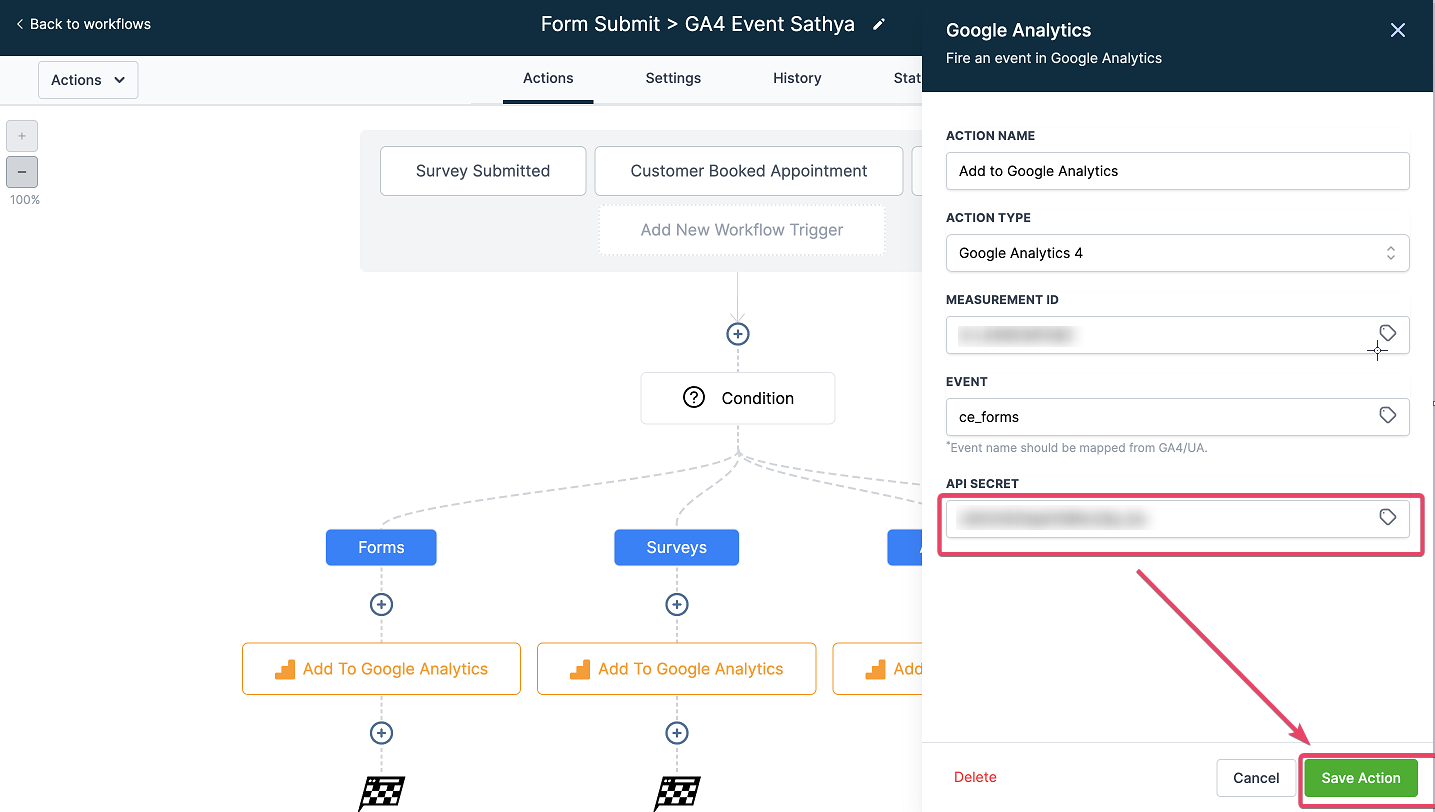 Inserimento del valore del secret API nell'azione del workflow di Futuria CRM.