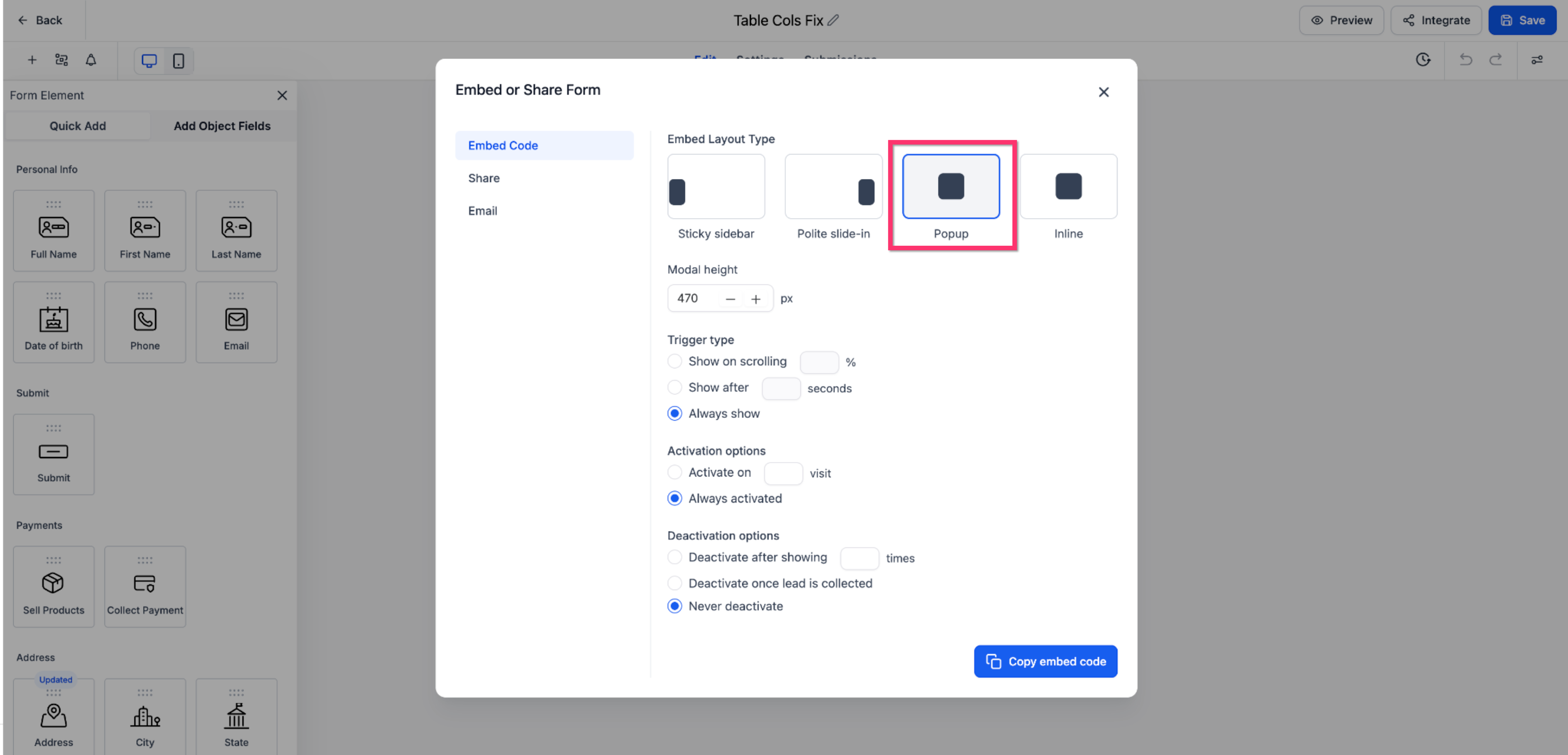 Impostazione dell'altezza personalizzata della modale per un modulo popup.