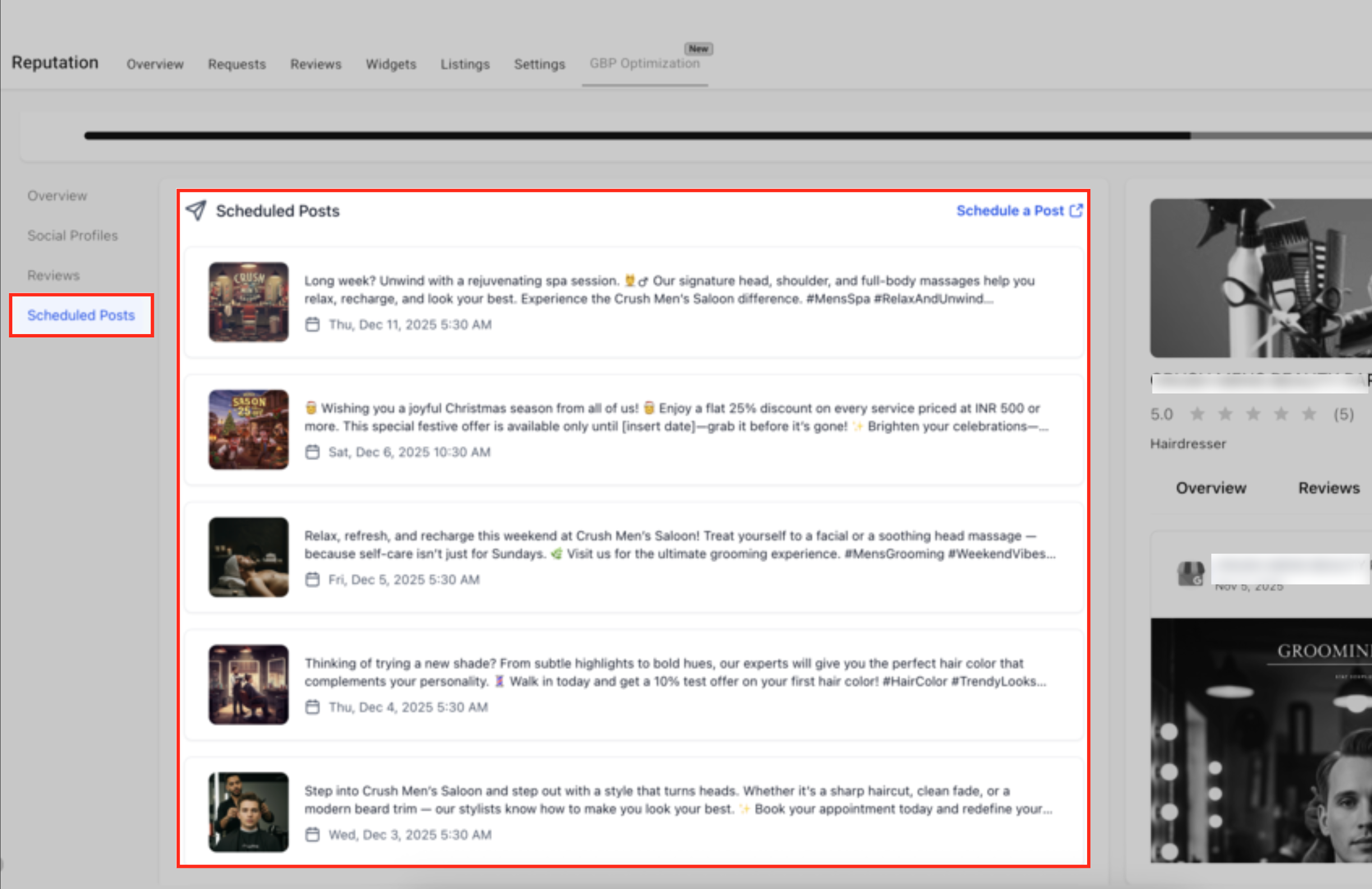 Vista dei post programmati per Google Business Profile.