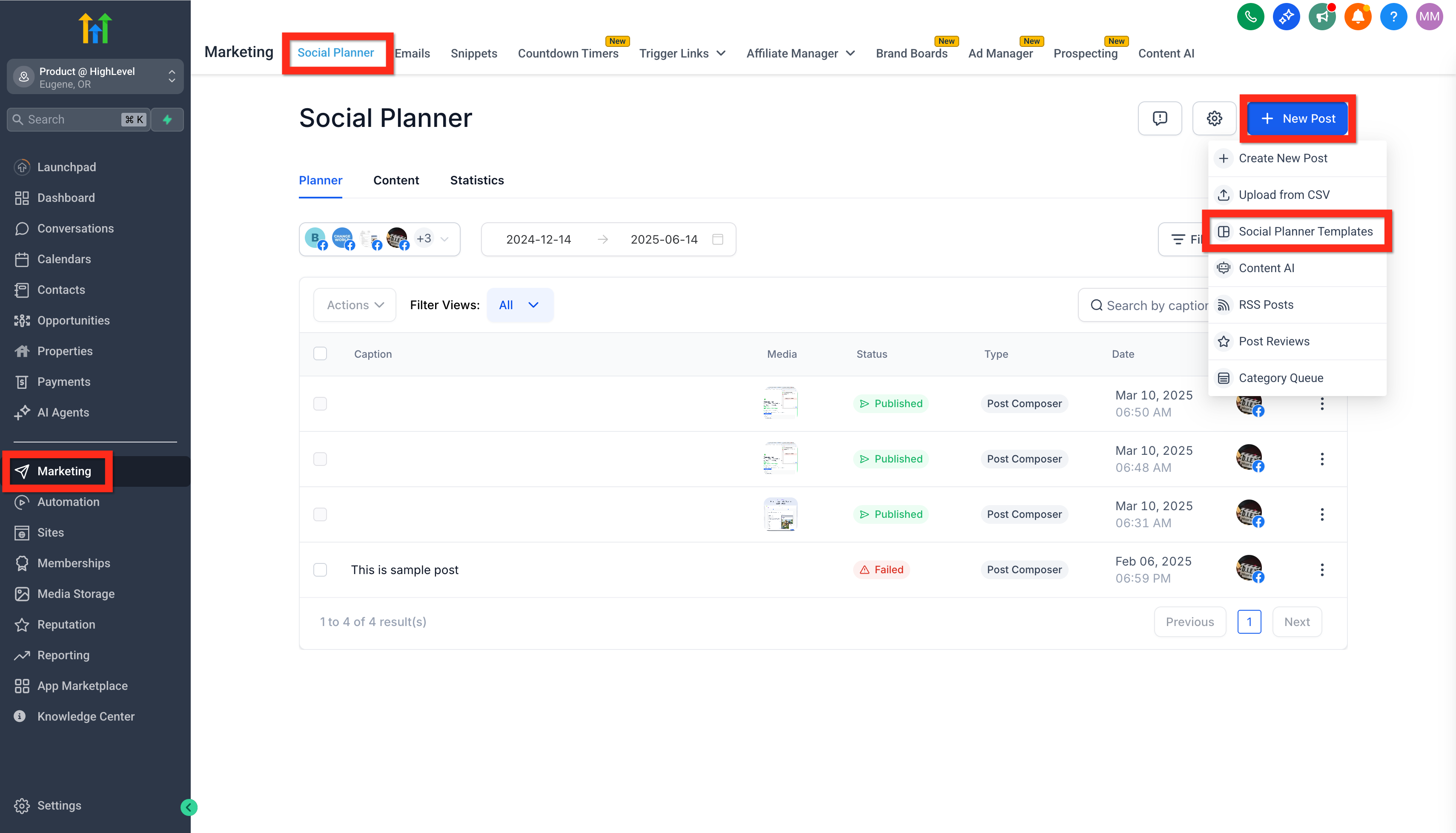 Menu per creare un nuovo post, con l'opzione 'Modelli Social Planner' evidenziata.