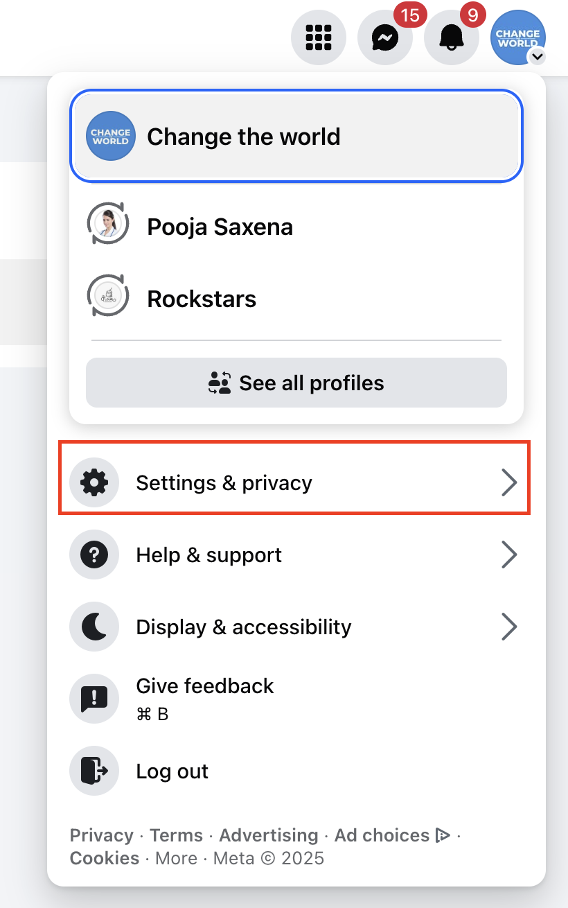 Menu Impostazioni e privacy su Facebook