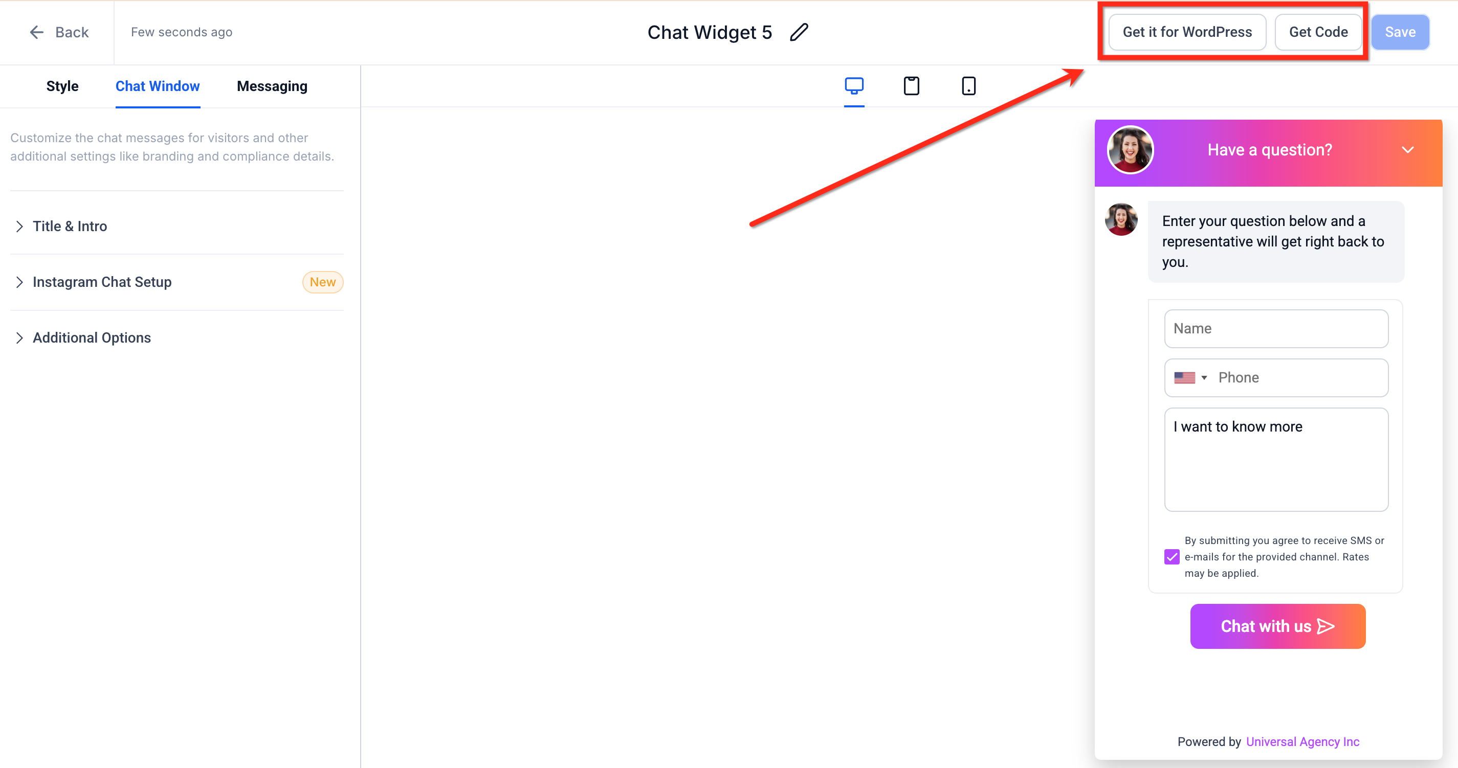 Ottenere il codice di incorporamento per il widget di chat