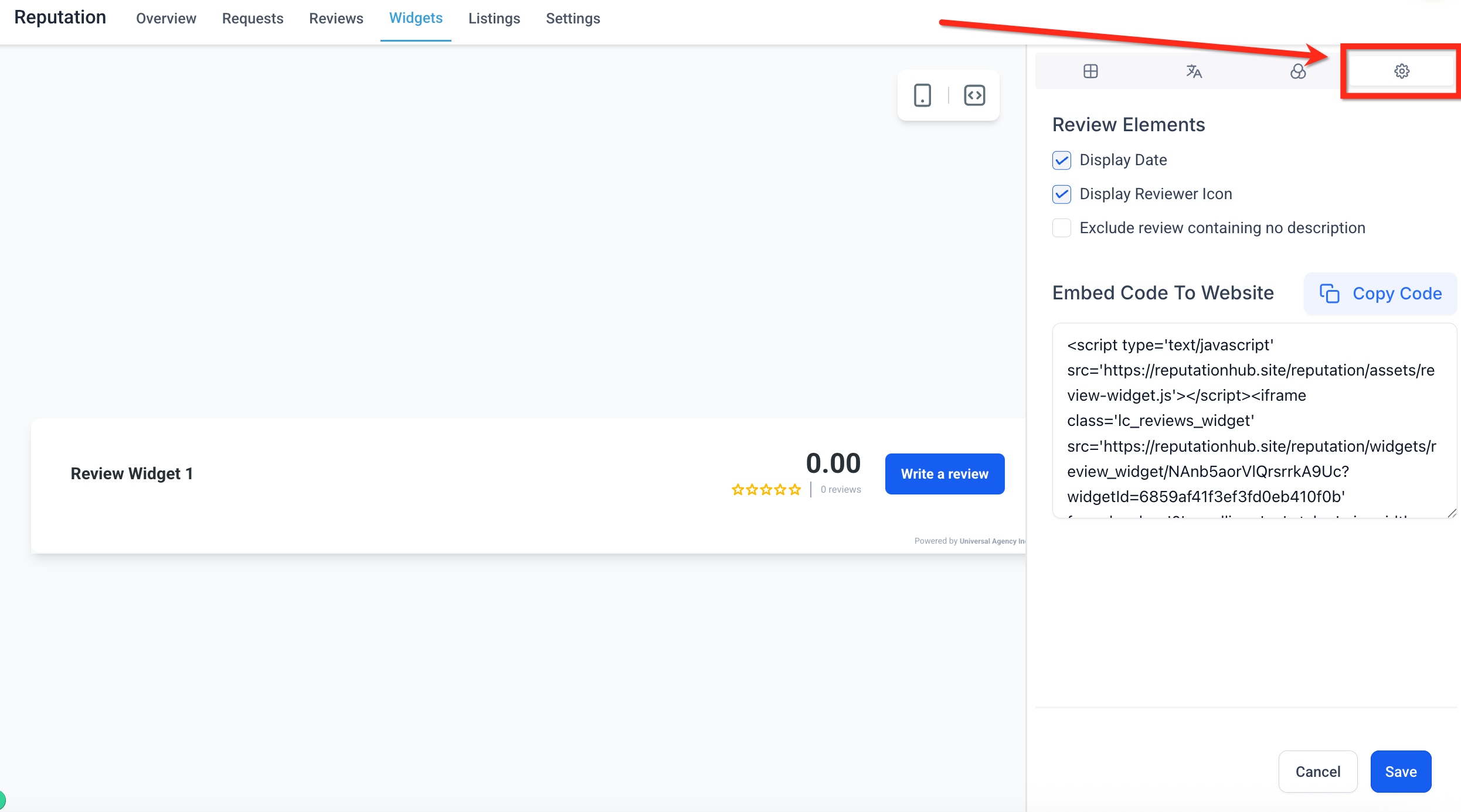 Scheda Impostazioni per la configurazione dei dettagli di visualizzazione delle recensioni.