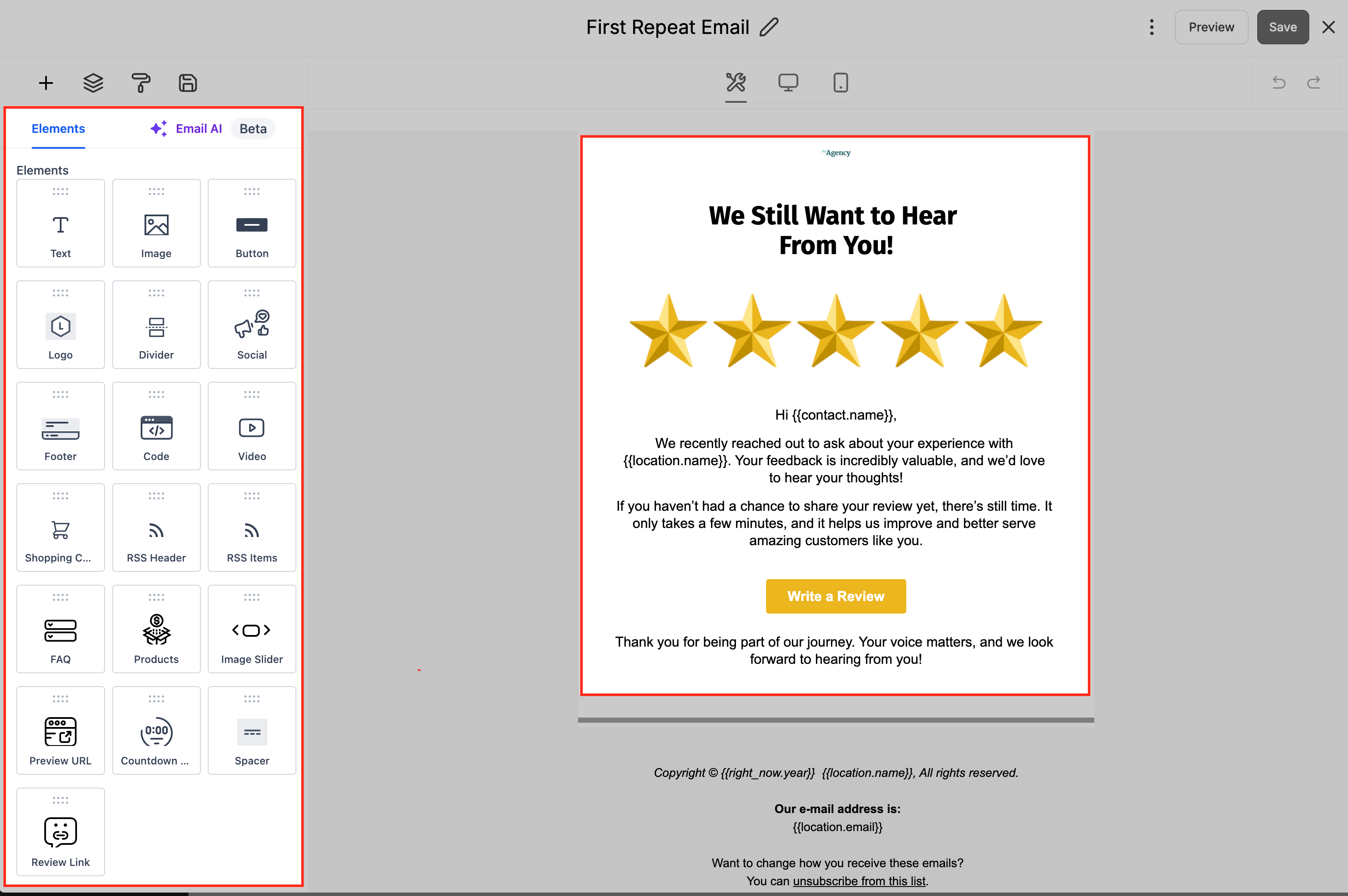 Passo 10: Utilizzo dell'editor drag-and-drop per progettare il contenuto dell'email di richiesta recensione.