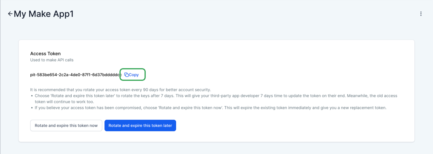 Nuovo token di integrazione privata generato dopo la rotazione immediata.