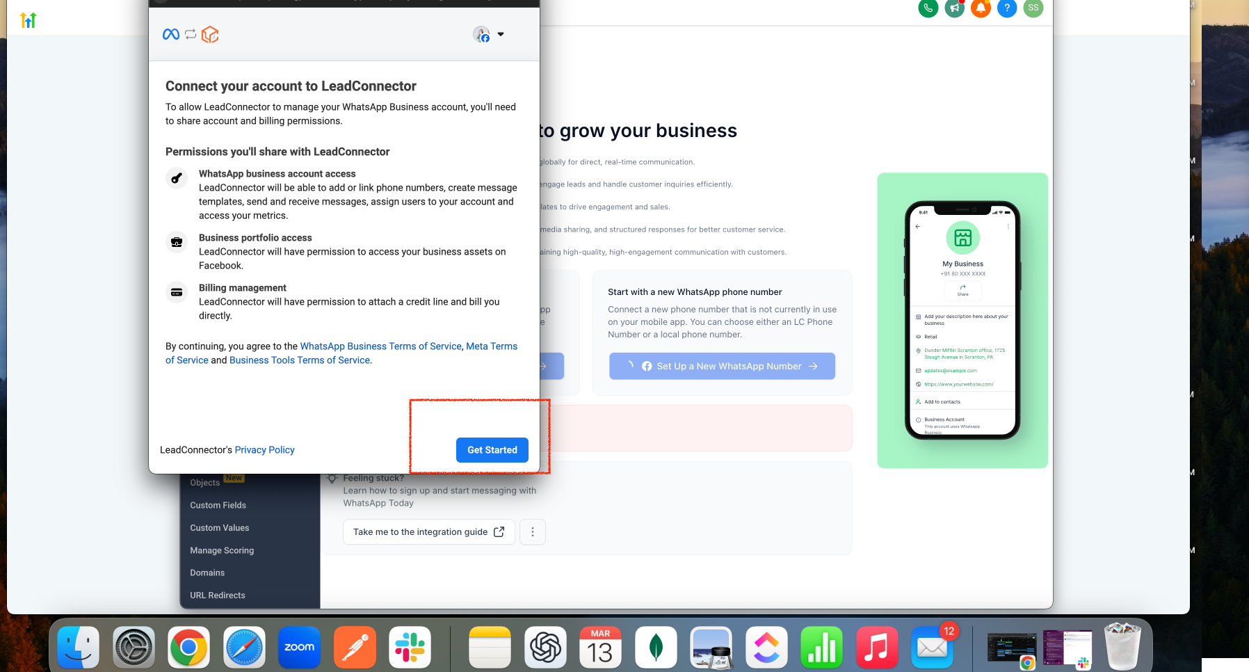 Pulsante 'Inizia' per avviare l'integrazione di WhatsApp Business.