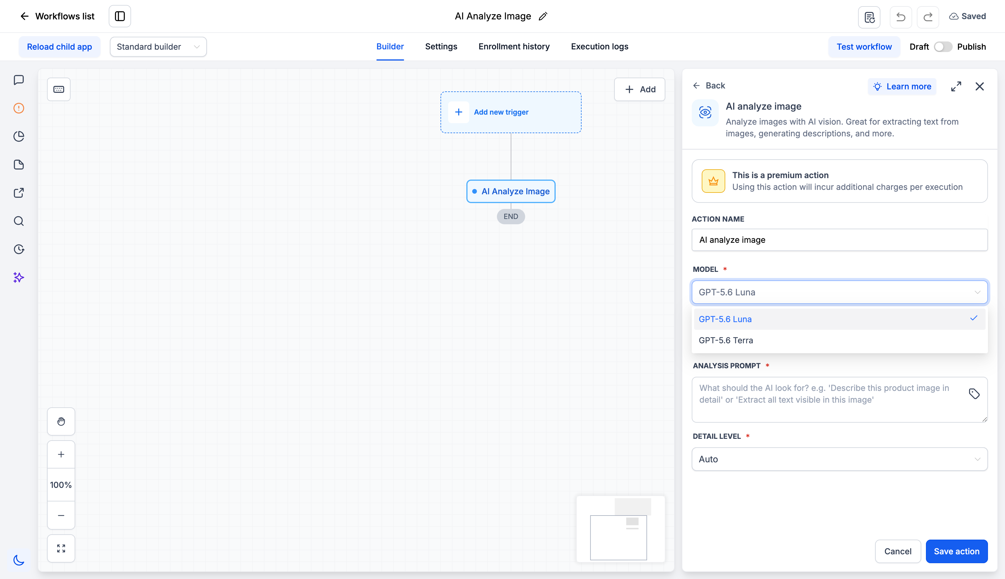 Configurazione del prompt e del livello di dettaglio per l'analisi dell'immagine nel workflow.