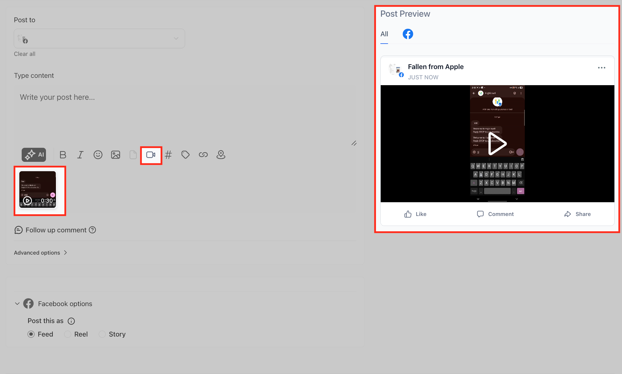 Editor di post con opzioni per aggiungere media.