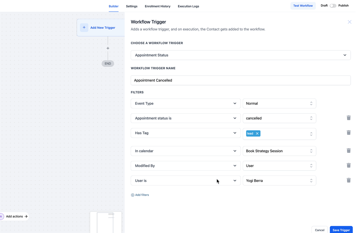 Salvataggio e attivazione del trigger nel workflow di Futuria CRM.