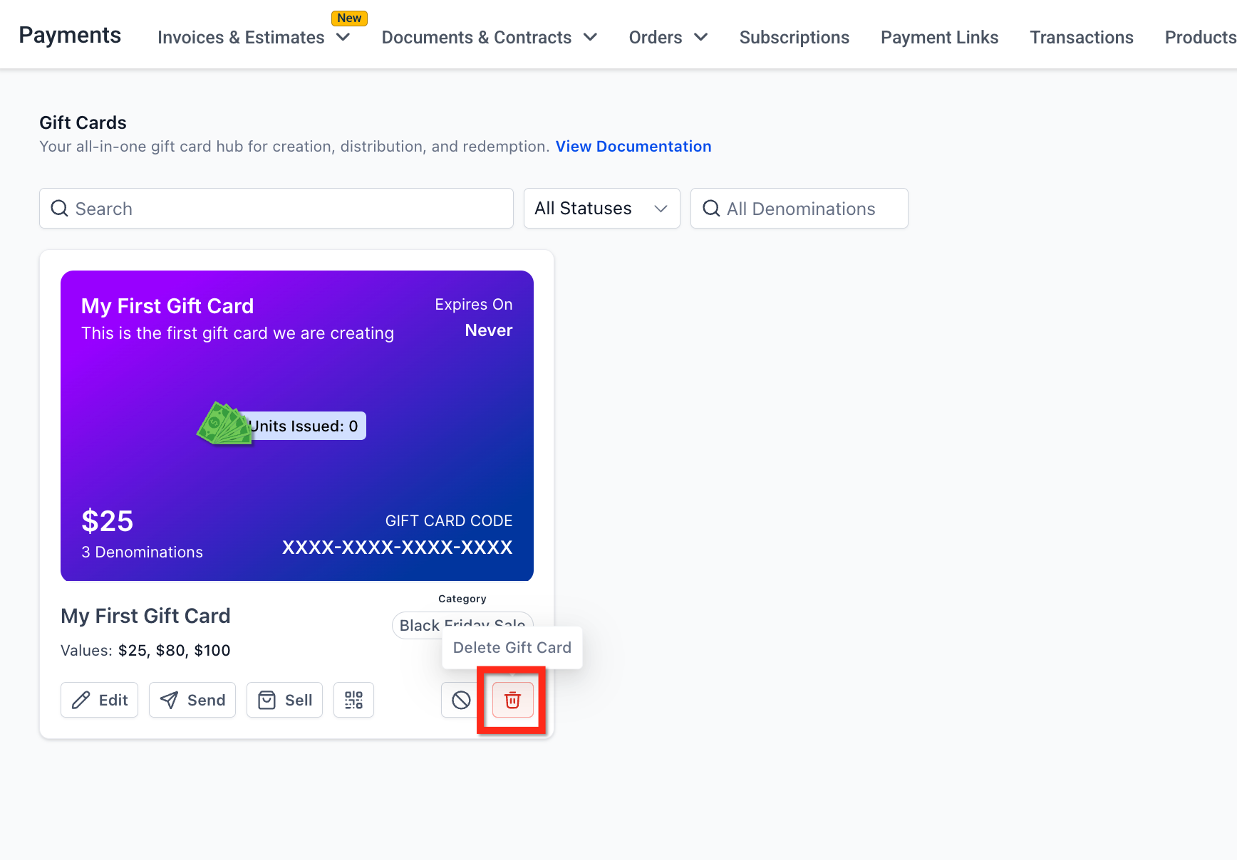 Opzione 'Elimina' per un prodotto gift card.