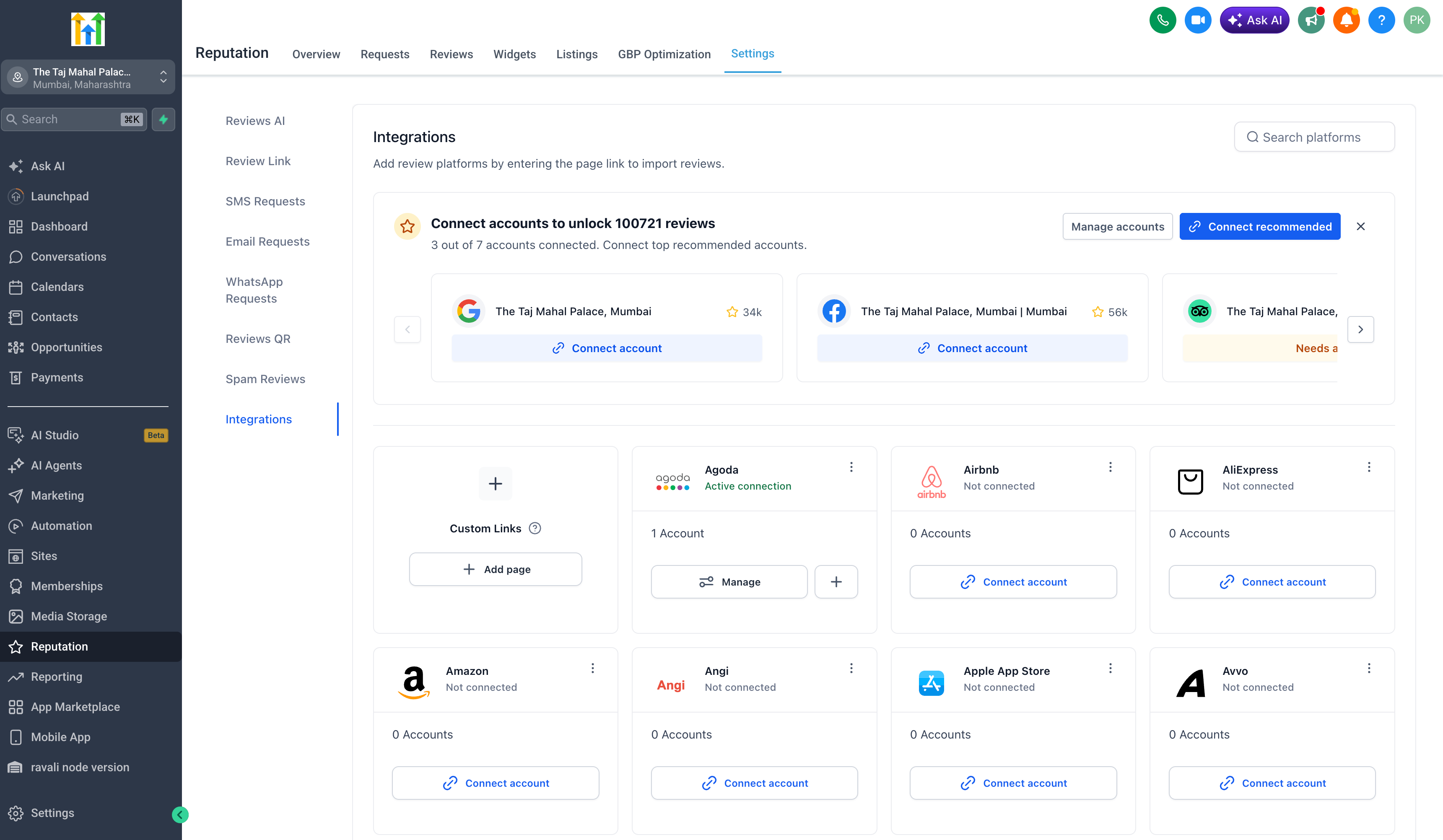 Schermate della sezione Reputazione in Futuria CRM da cui è possibile collegare i profili suggeriti.