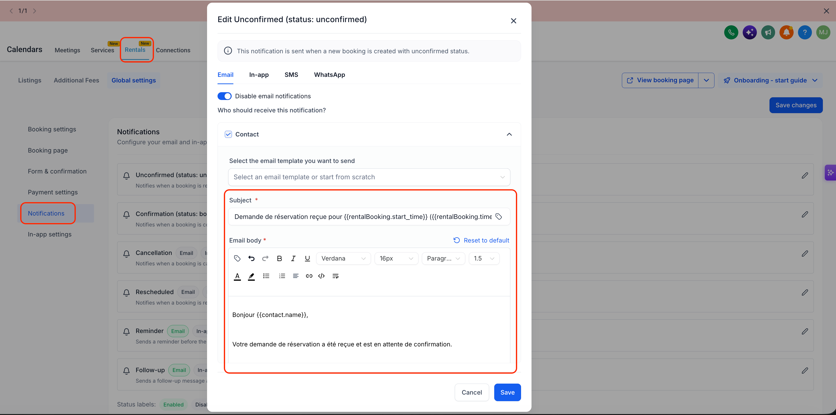 Esempio di modello di notifica per Servizi localizzato in spagnolo.