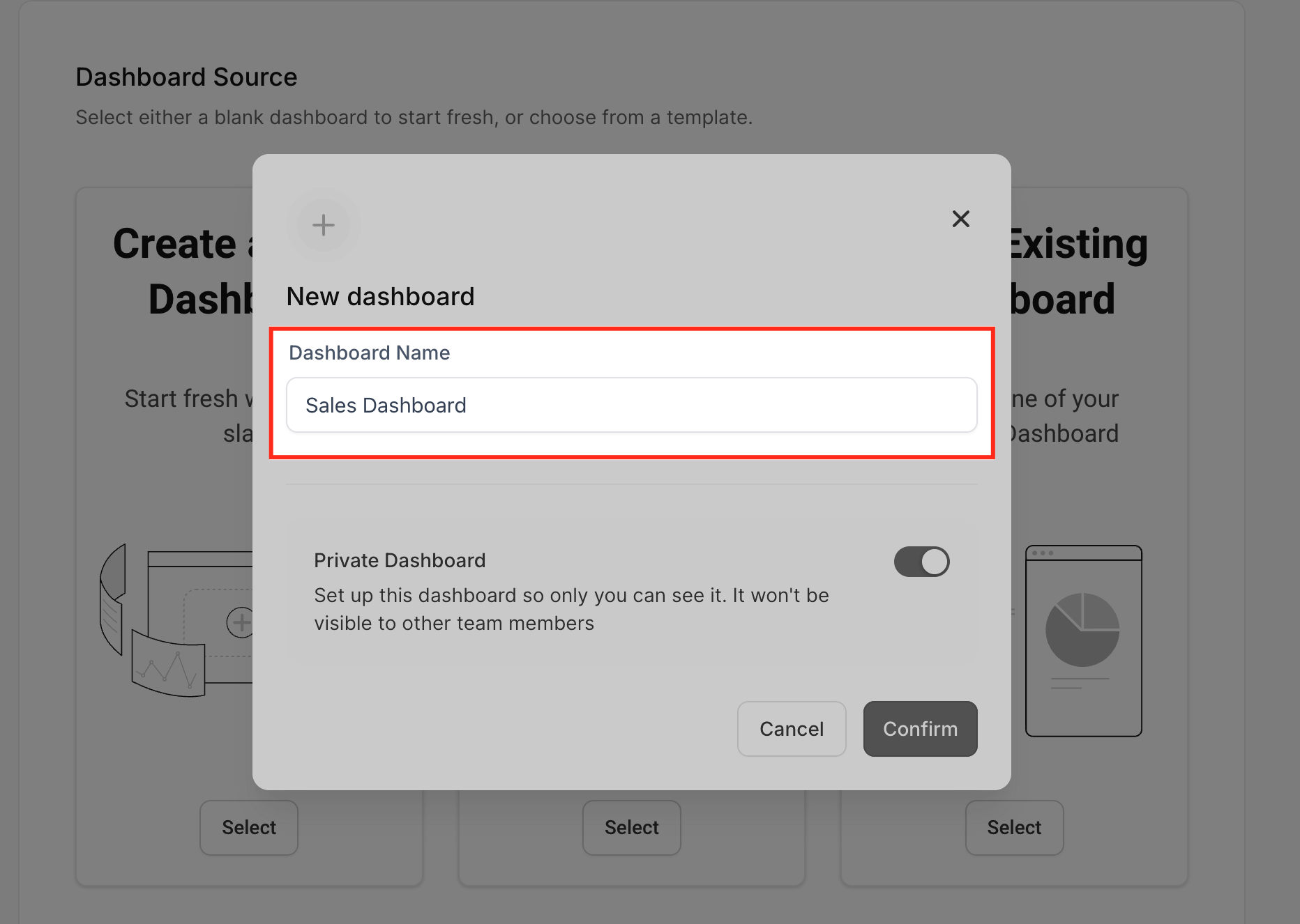 Campo per l'inserimento del nome di una nuova dashboard.