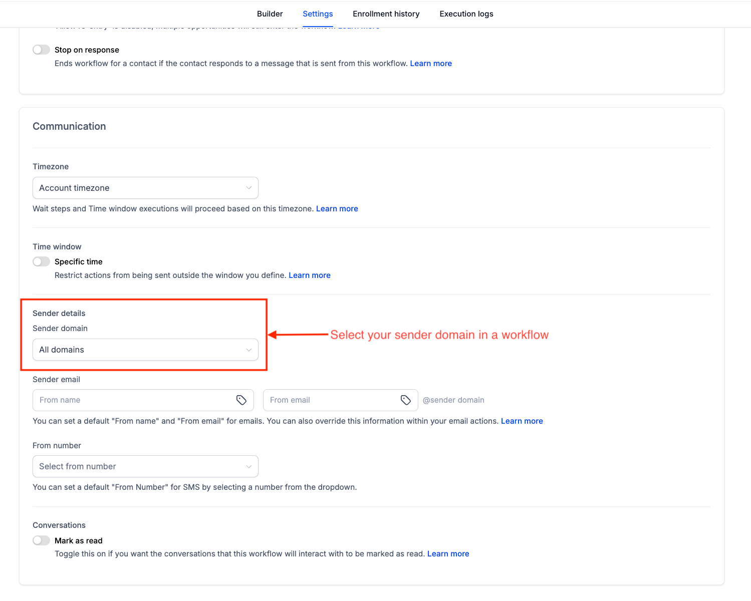 Nuova opzione per selezionare il dominio mittente nelle impostazioni del workflow.