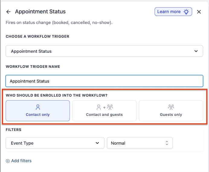 Scelta di chi includere nel workflow: contatto, ospiti o entrambi.