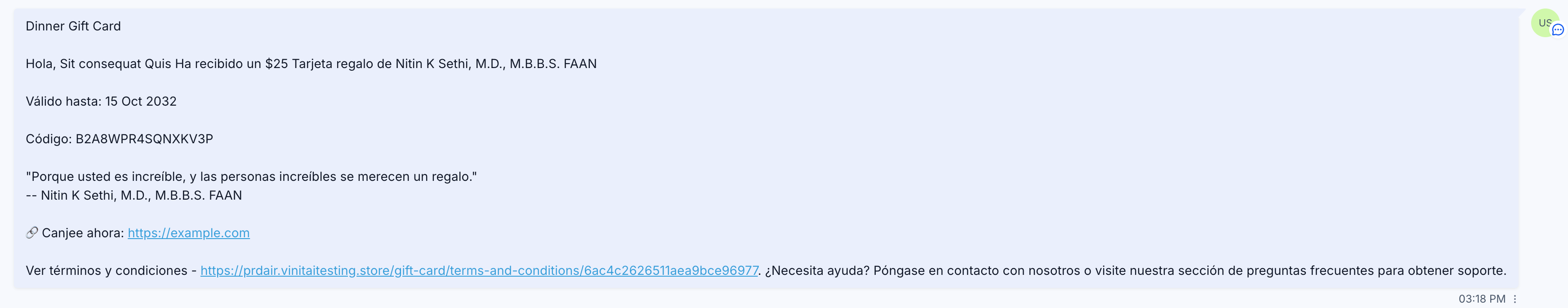 Anteprima dell'email di conferma acquisto per una Gift Card in un'altra lingua.