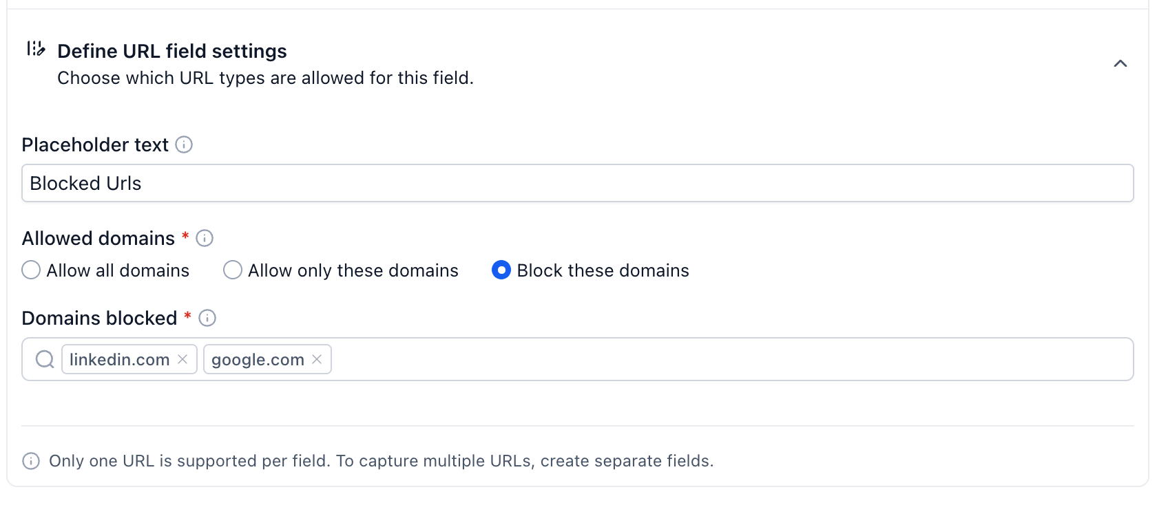 Opzione per consentire tutti i domini in un campo personalizzato URL.